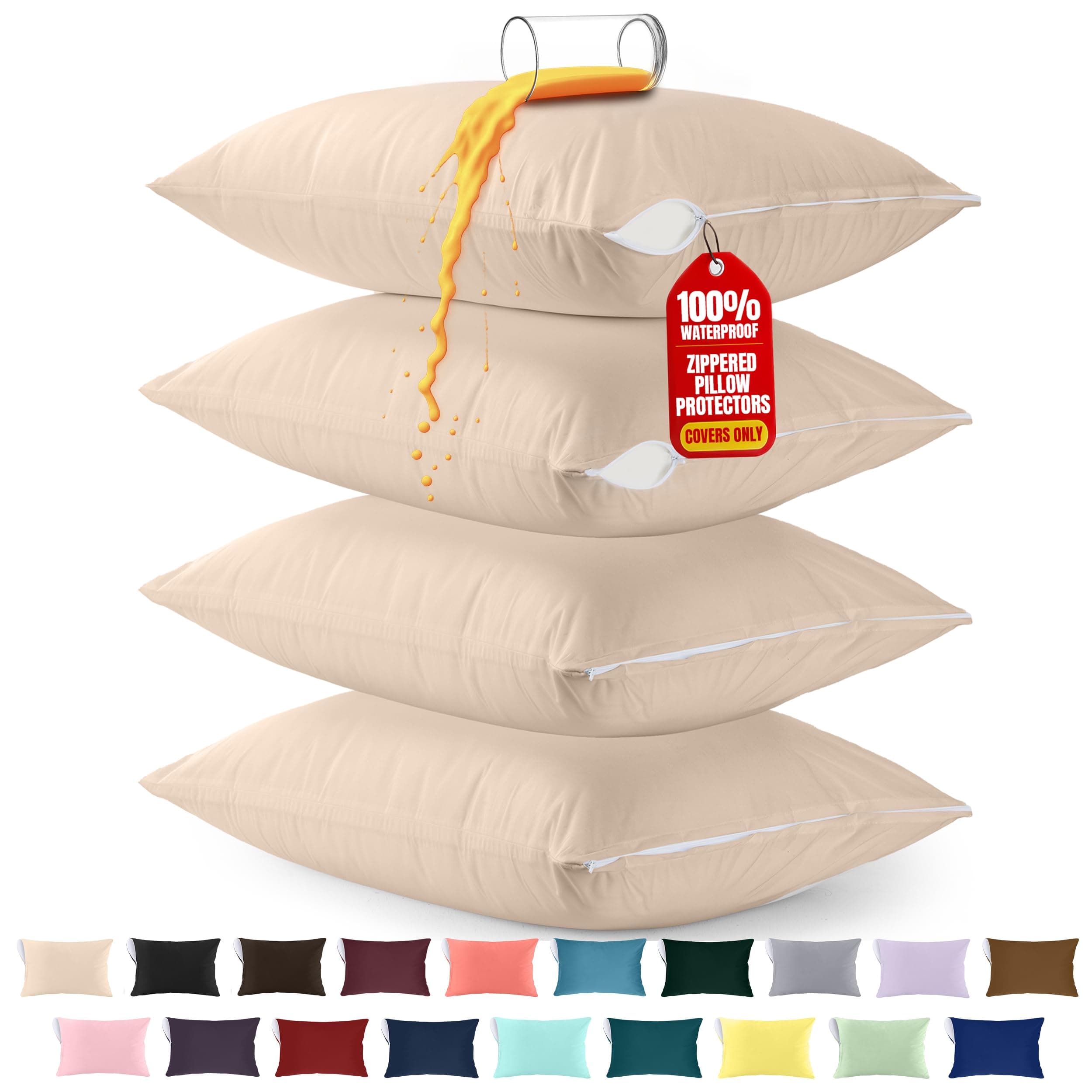 Utopia Bedding Waterproof Pillow Protector Zippered (4 Pack) King Beige – Bed Bug Proof Pillow Encasement 20 x 38 Inches