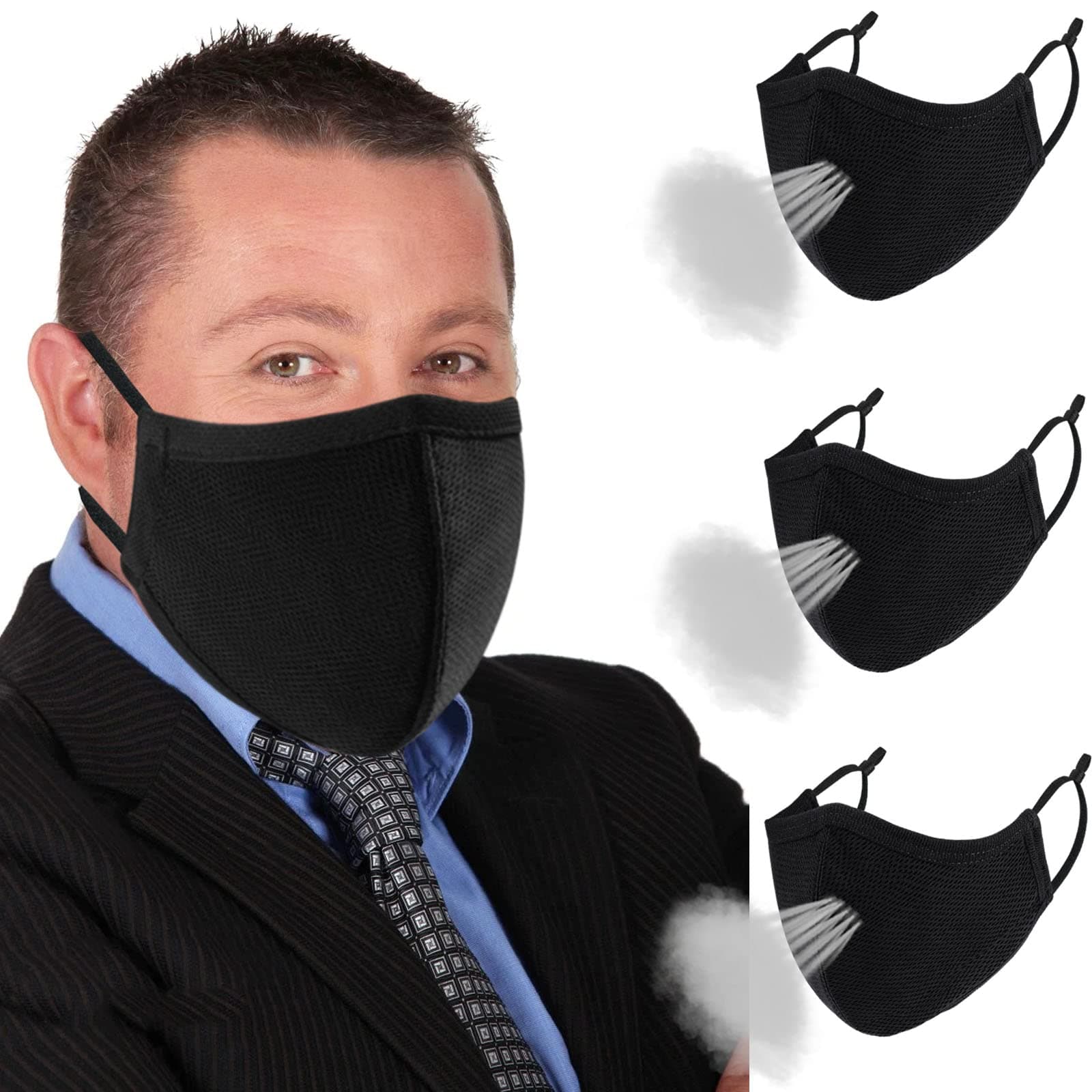 Extra Large Face Masks,3Ply Black Face Mask for Men Adults with Big/Beard Face,Breathable Cloth Mouth Cover Adjustable