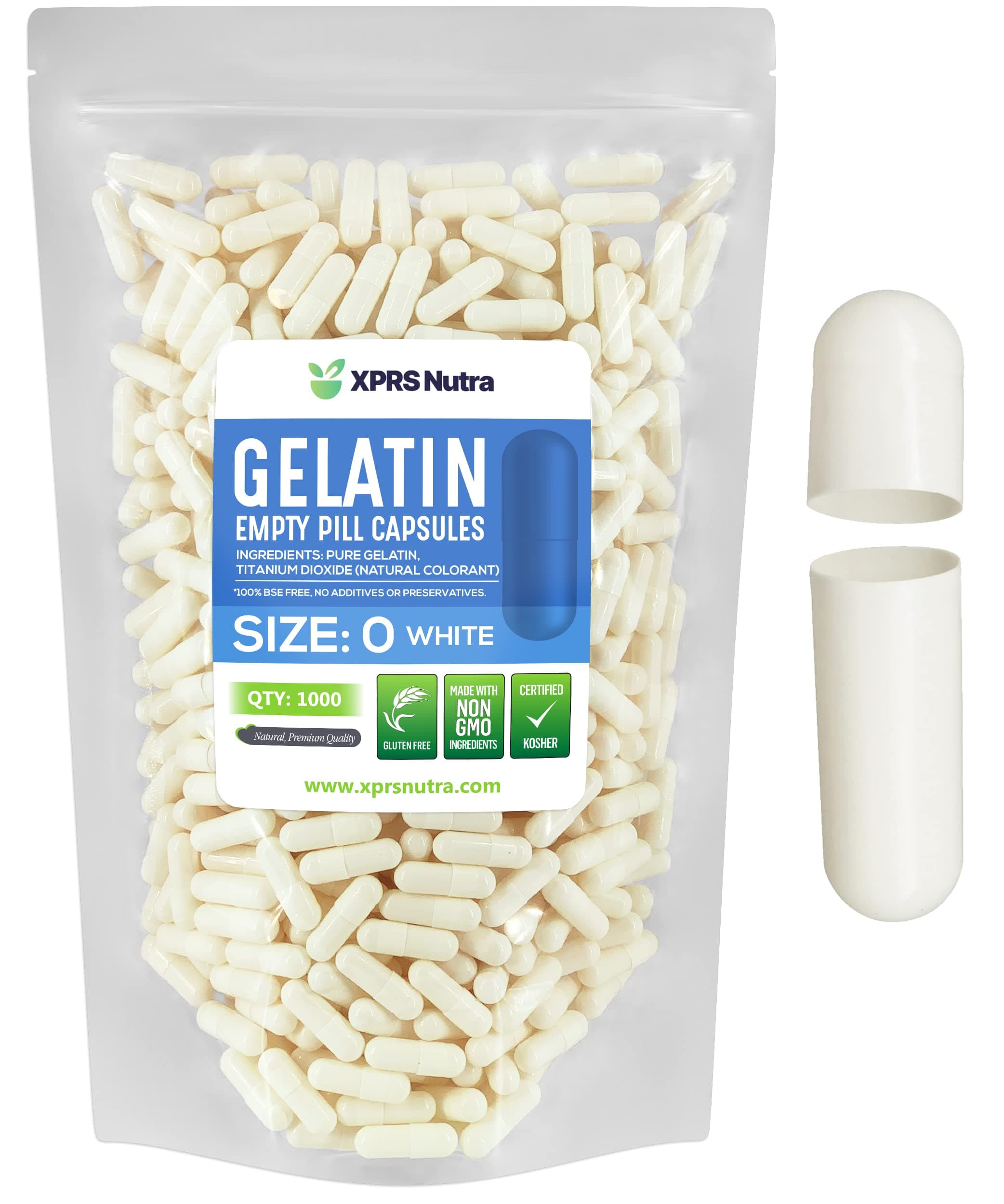 XPRS Nutra Size 0 Empty Capsules - 1000 Count Empty Gelatin Capsules - Pills DIY Capsule Filling - Pure Bovine Pill Gel Caps for Do-It-Yourself Supplements (White)
