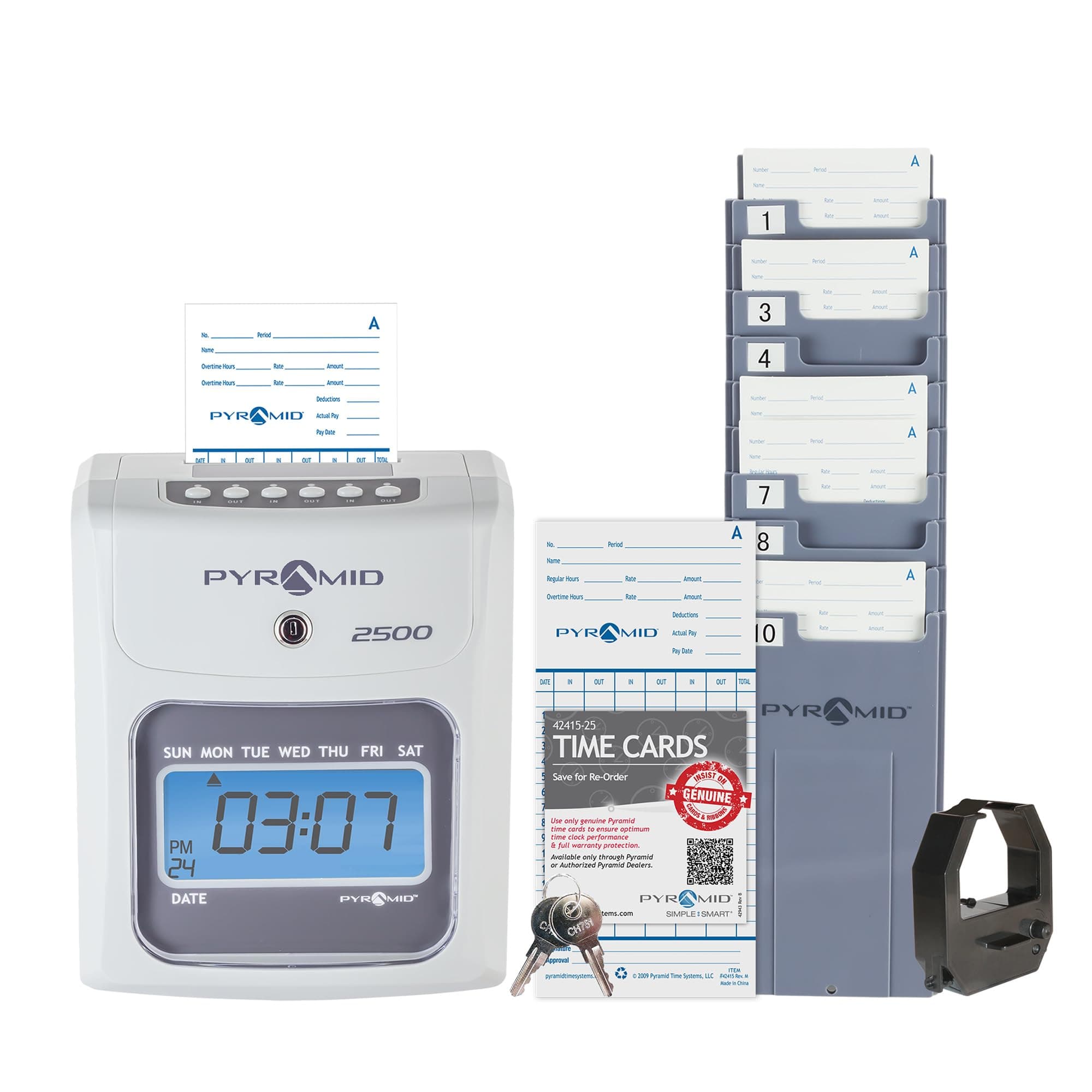 Pyramid 2500 Time Clock Bundle with 100 Time Cards, 1 Ribbon, and 1 Time Card Rack - No Employee Limit