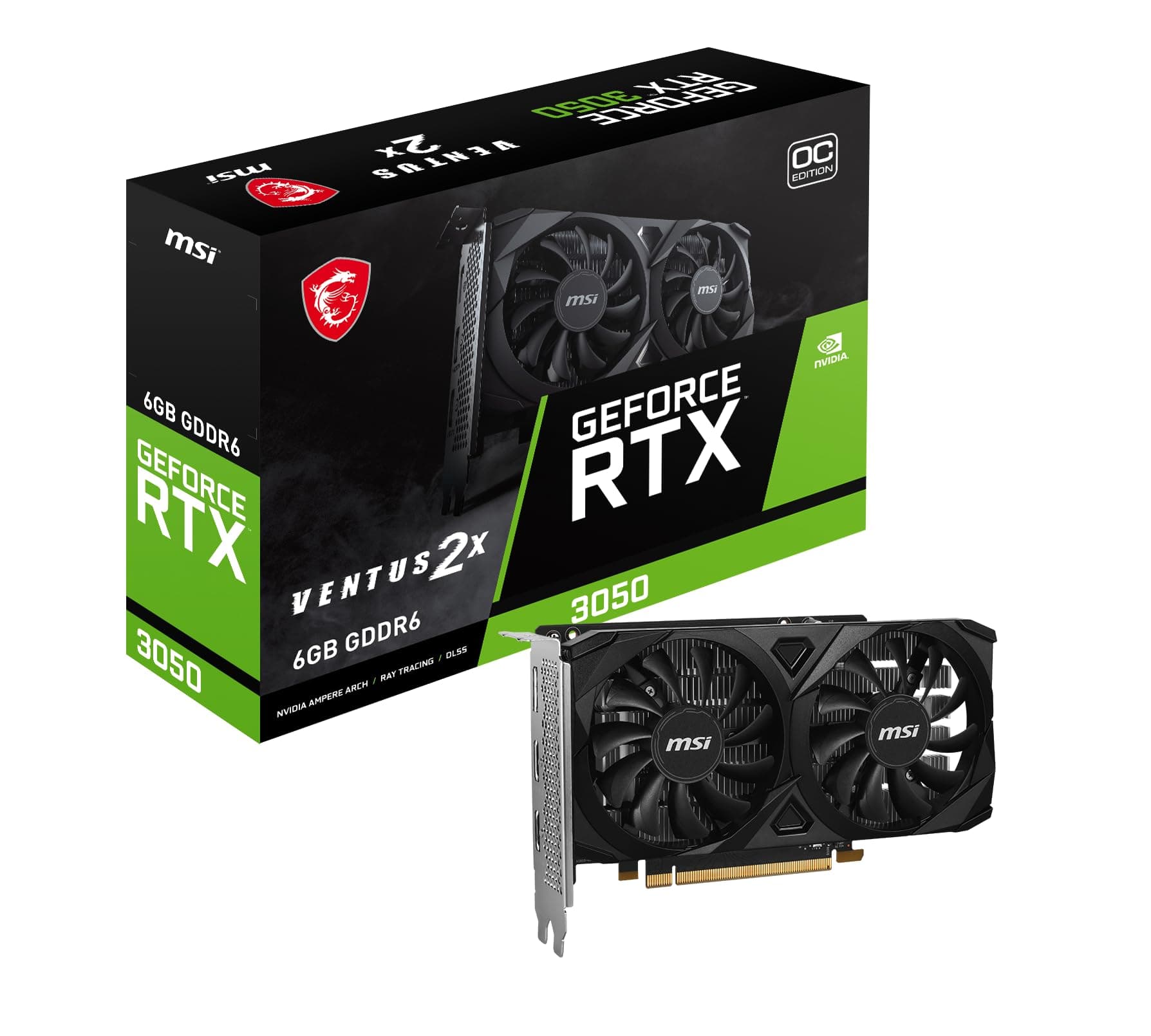 MSI GeForce RTX 3050 Ventus 2X E 6G OC PCI_E Graphic Card - Nvidia Geforce RTX 3050 Gpu, 6Gb GDDR6 96-Bit Memory, 14 Gbps, PCI Express Gen 4 x16Interface, Up to 1492 Mhz, Dual Fan