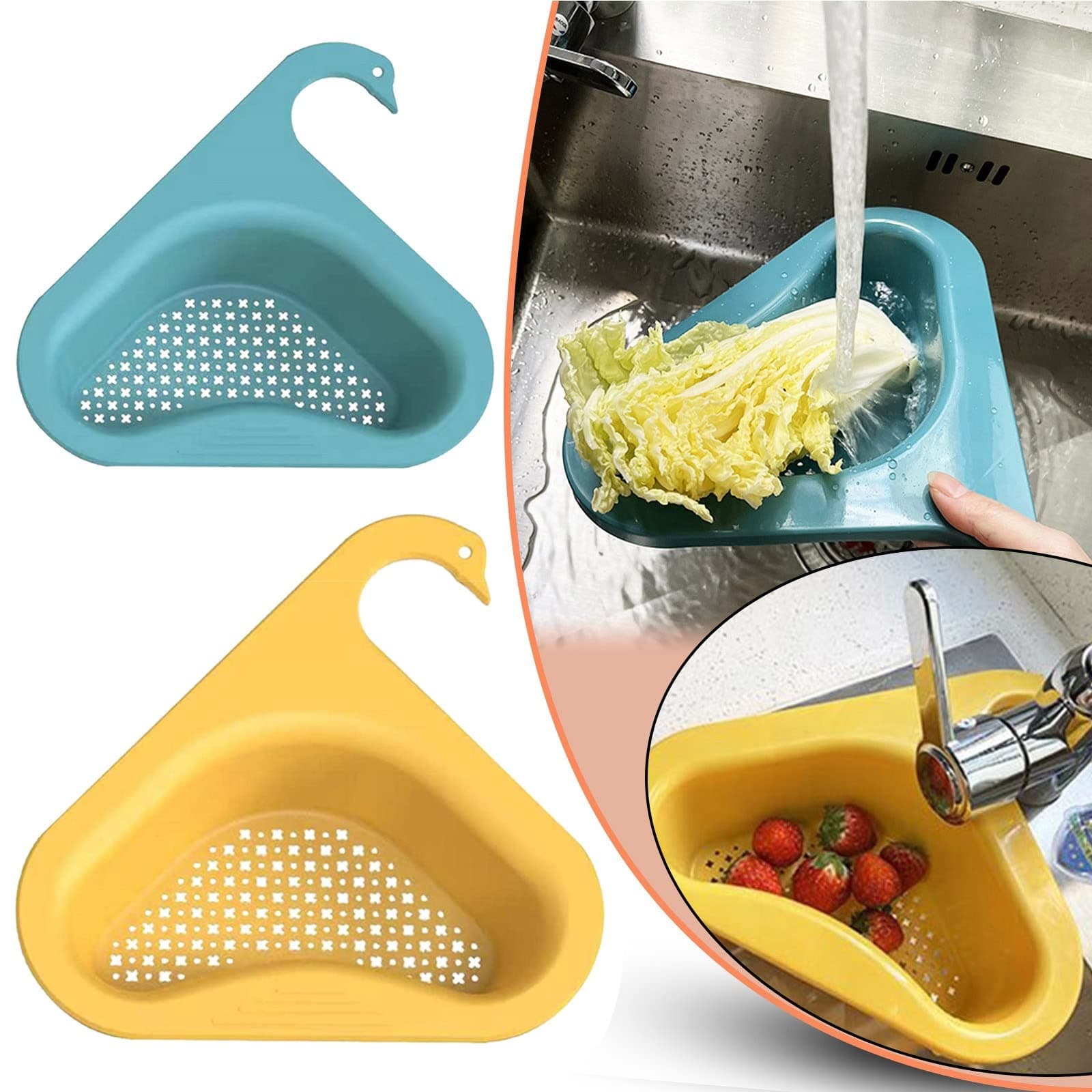 BoddenlyMulti-Functional Hanging Filtering Draining Rack, 2PCS Sink Strainer Basket Triangular Multifunctional Kitchen Triangle Sink Filter for Sink Food Strainer Or Storage Rack(Blue, Yellow)