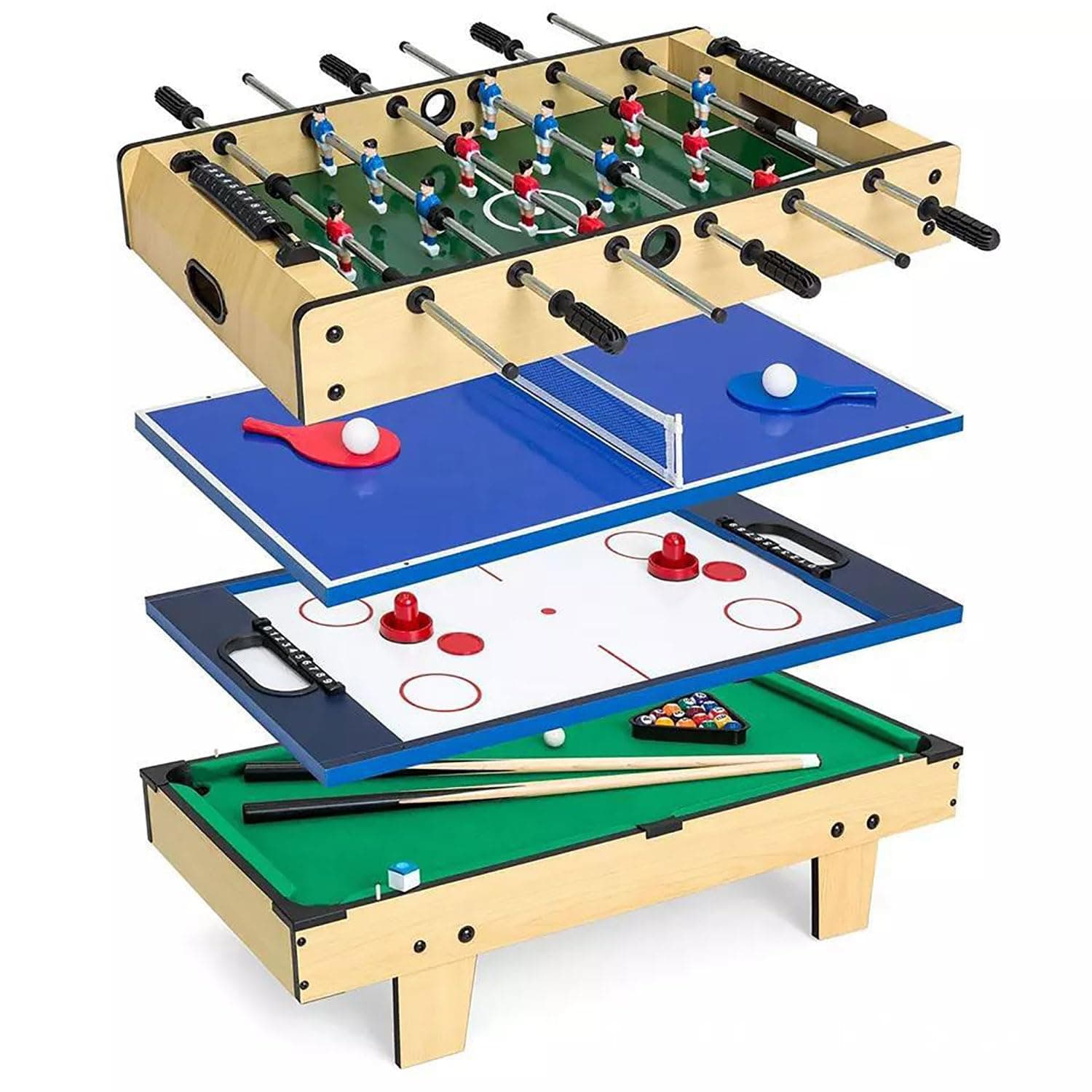 4-in-1 Multi Game Table, Childrens Combination Arcade Set for Home, Play Room, Rec Room w/Pool Billiards, Air Hockey, Foosball and Table Tennis