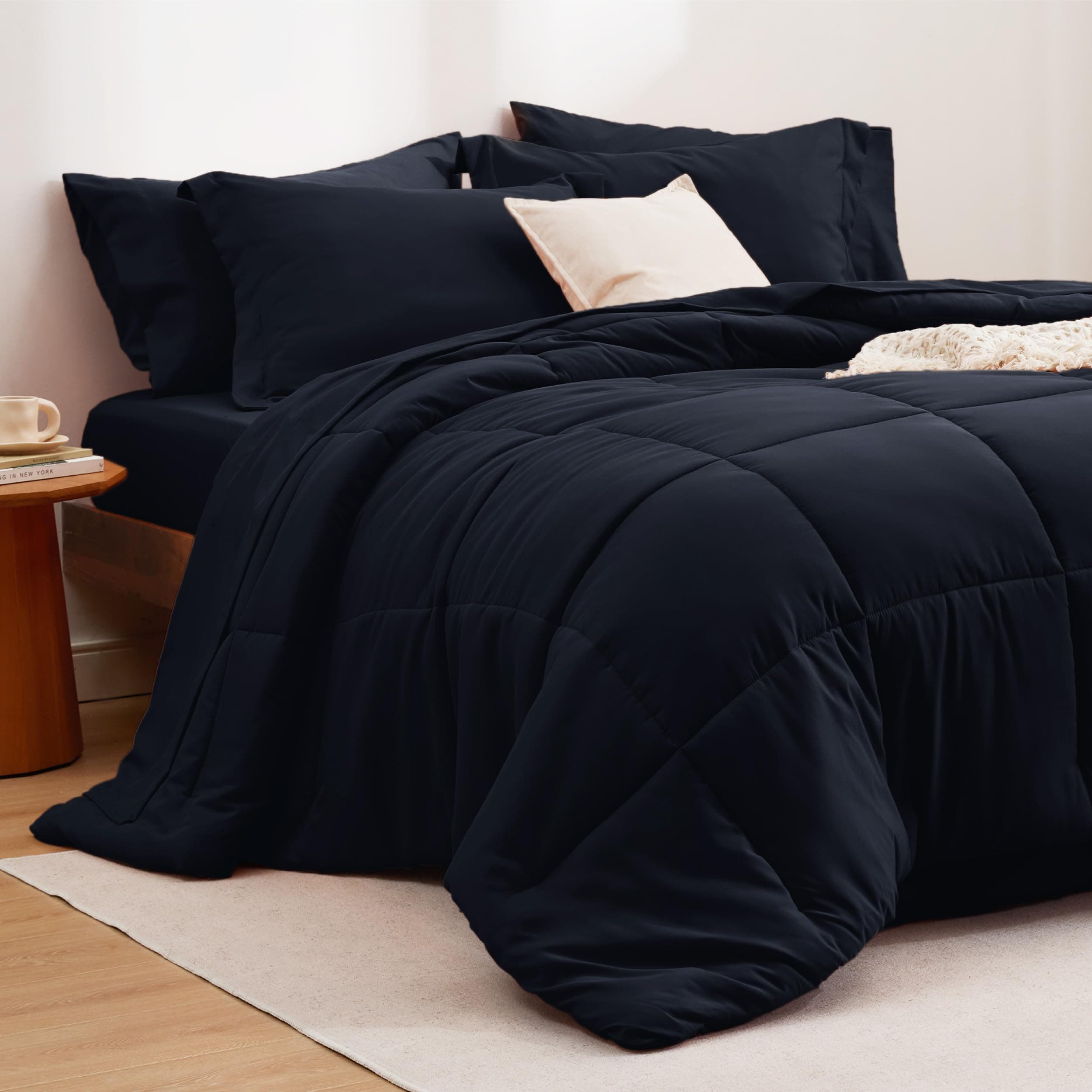 Bedsure Black Comforter Set King - 7 Pieces Solid Bed in a Bag, King Bed Set with Comforter, Sheets, Pillowcases & Shams