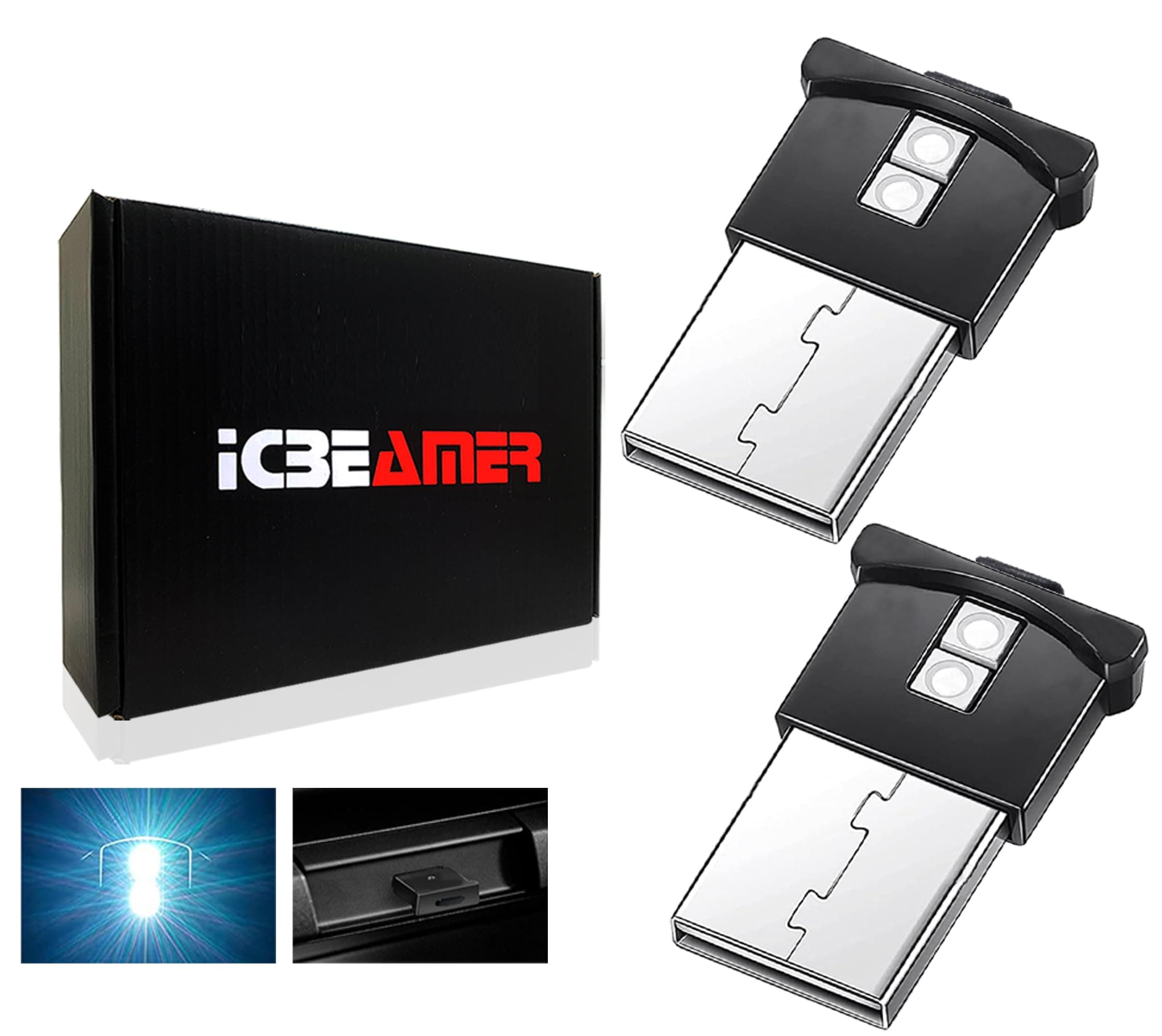 ICBEAMER Mini Smart USB Type-A 2-Pack (White) | LED Night Light for Car Interior, Trunk, Center Console, Easy Plug-in, Perfect for Ambient Atmosphere in Vehicles