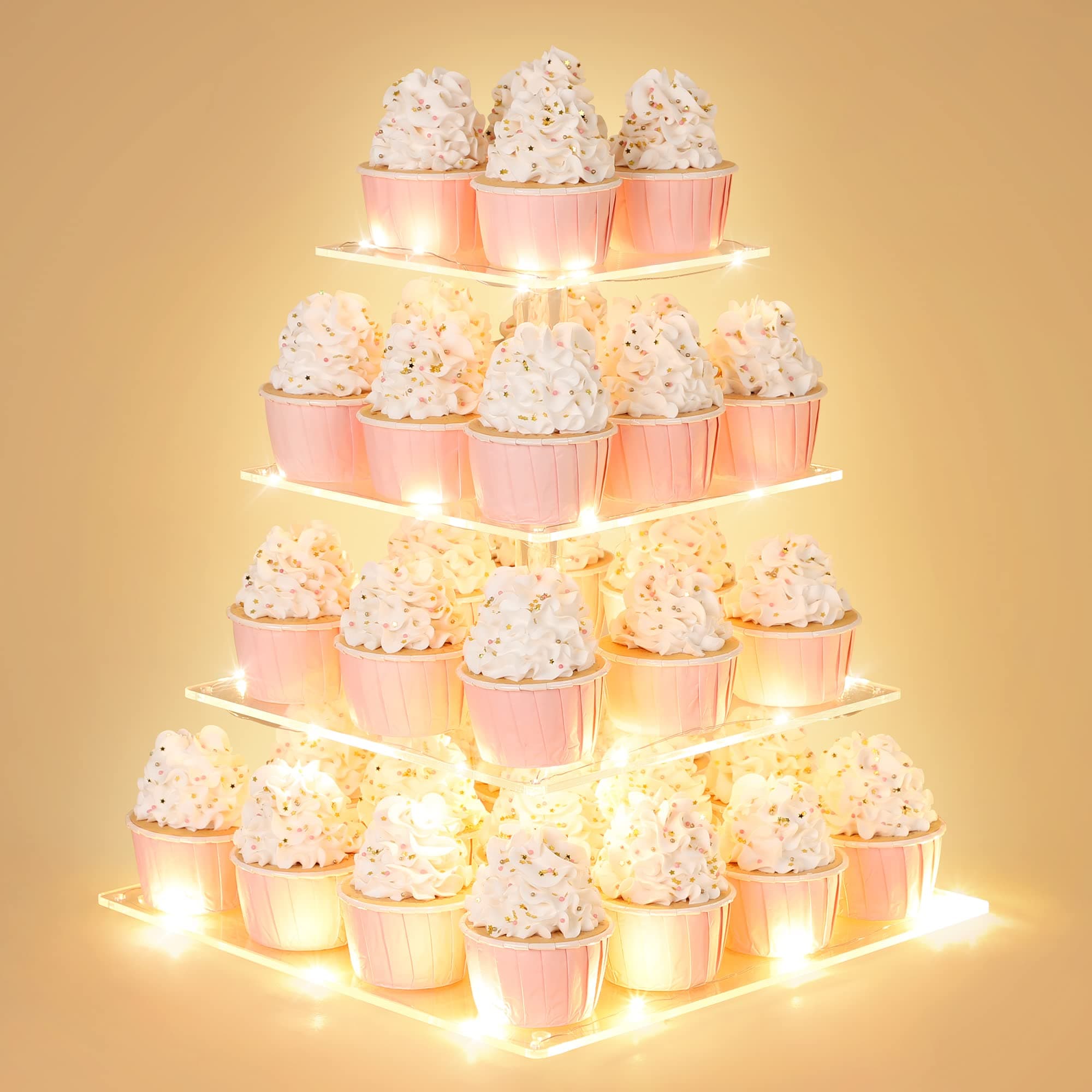 Suneerplay 4 Tier Cupcake Stand with LED String Light, Acrylic Cupcake Display Stand, Square Cupcake Tower Holder, Cup Cake Stand for Birthday, Wedding, Baby Shower, Party