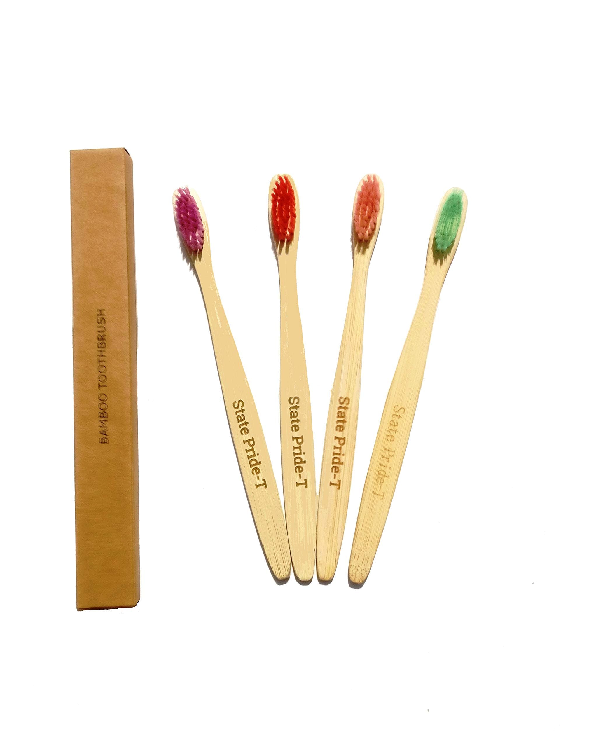State Pride-T Biodegradable Handle Bamboo Medium Bristles Bpa And Plastic-Free Manual Toothbrush For Adults With Cotton Pouch ; 18 Cm; Brown-Pack Of 4
