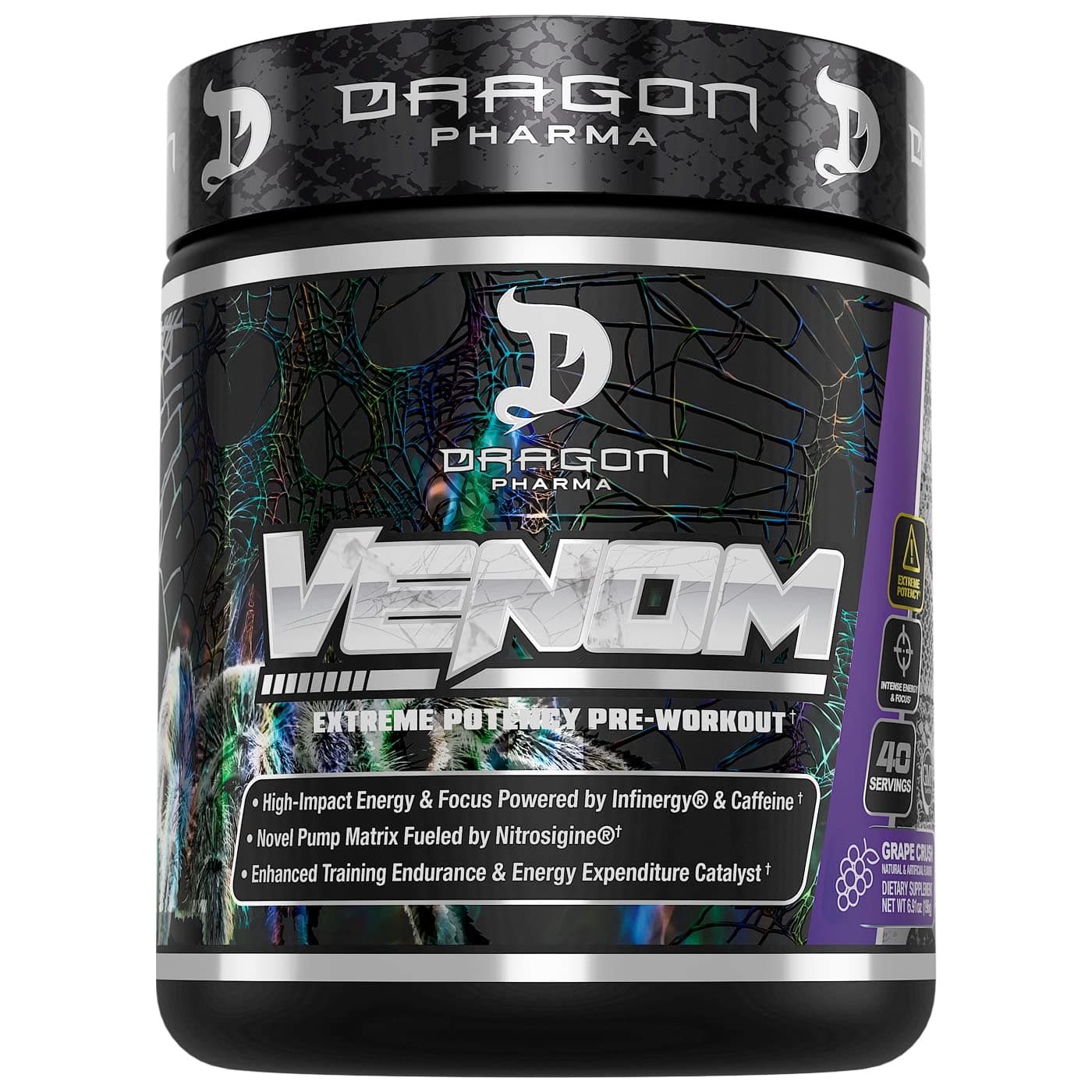 DRAGON PHARMA Venom Extreme Potency Pre-Workout, Laser Sharp Focus + Energy, Intense Performance, Proven Ingredients for Enhanced Vasodilation & Endurance (40 Servings, Grape Crush)