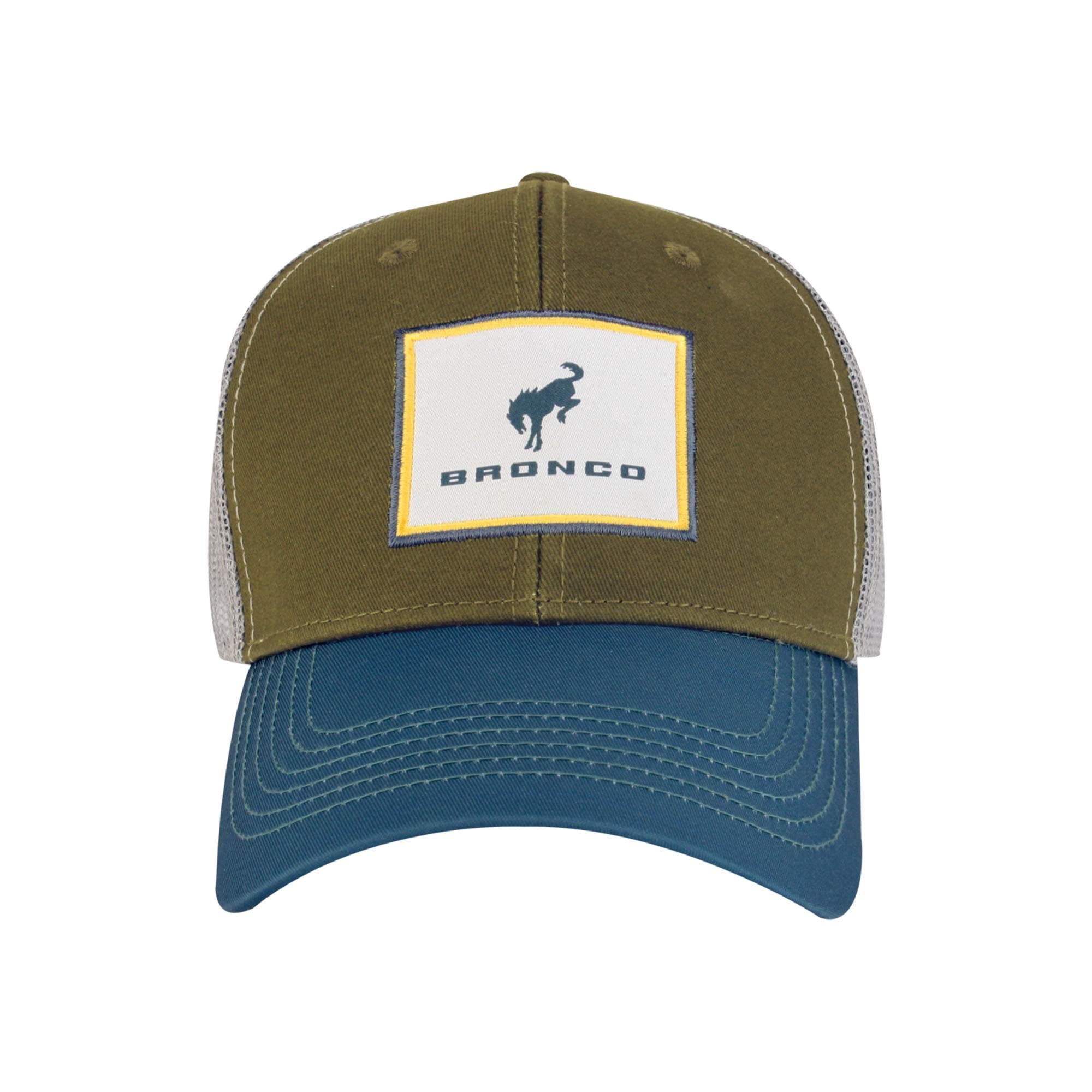 HelmFord Bronco Snapback Hat with Patch Logo, Adjustable 6 Panel Pre-Curved Bill, Olive and Teal