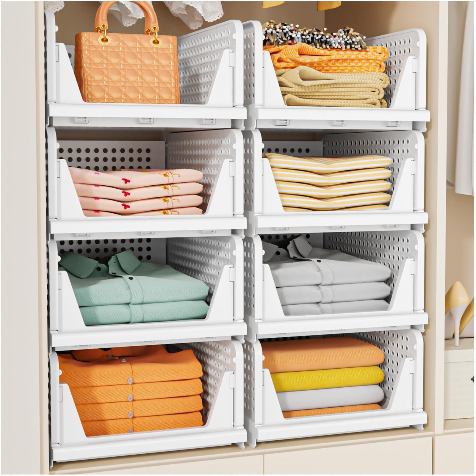 5 Pack Stackable Closet Storage Boxes, Multifunctional & Foldable Closet Organizer for Bathroom Kitchen Laundry Room Wardrobe Storage, Space-Saving Wardrobe Storage Drawer Organizer, White