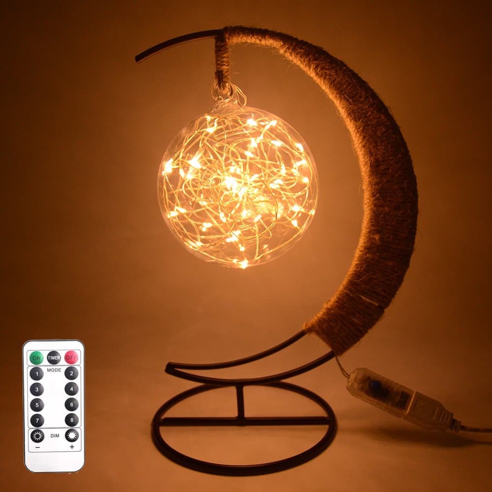 Table Lamp,LED String Lights 16.4ft Inside Glass Globe Lampshade,Iron Moon Holder With Hemp Rope Night Light,USB Charge (Warm-Whtie)