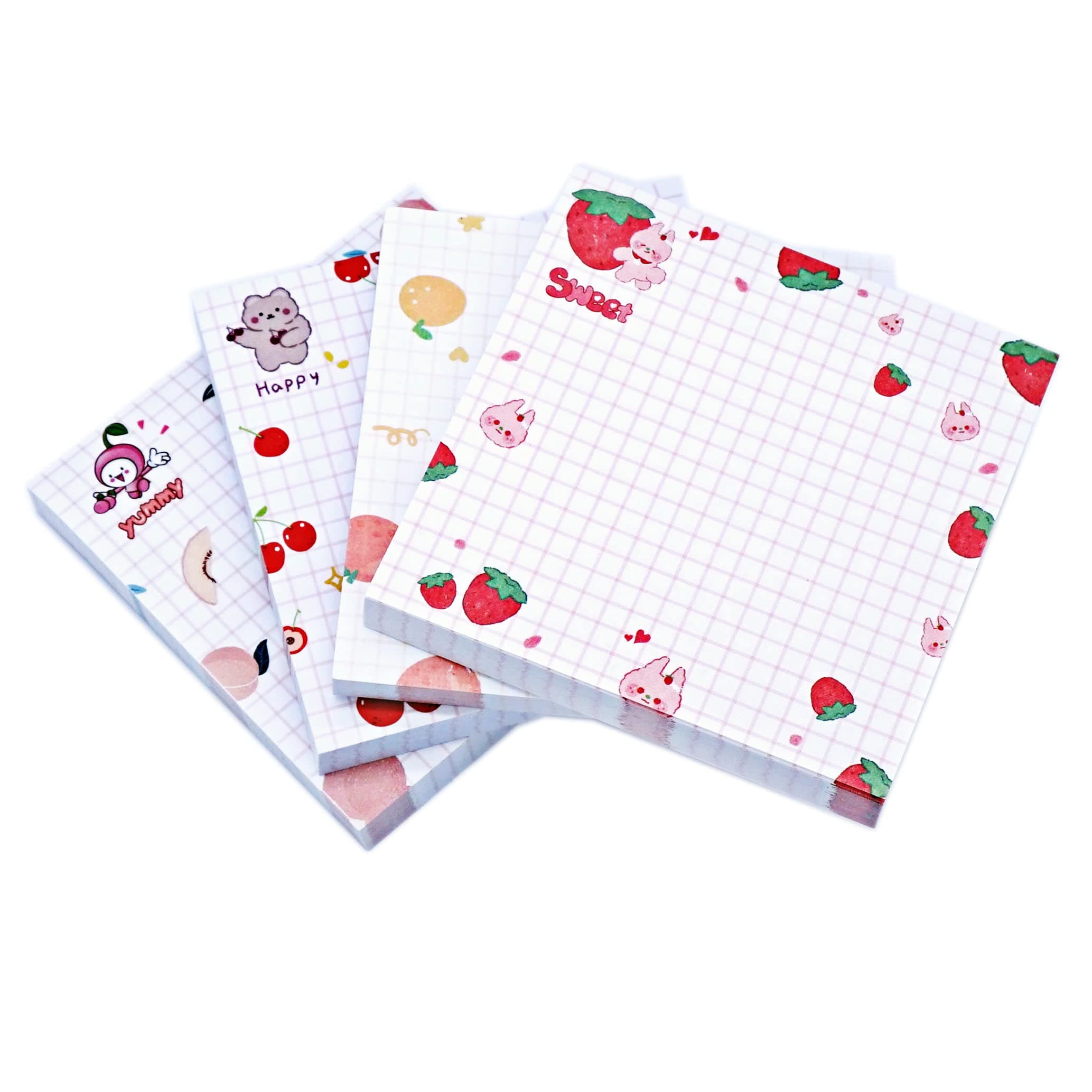 LinQuick Sticky Notes,Cute Sticky Notes 3.1x3.1in 4Pads 80Sheets/Pad Self-Stick Note Pads Cute Colorful Super Sticky Note Pads 4 Unique Cute Patterns,Fruits Sticky Notes