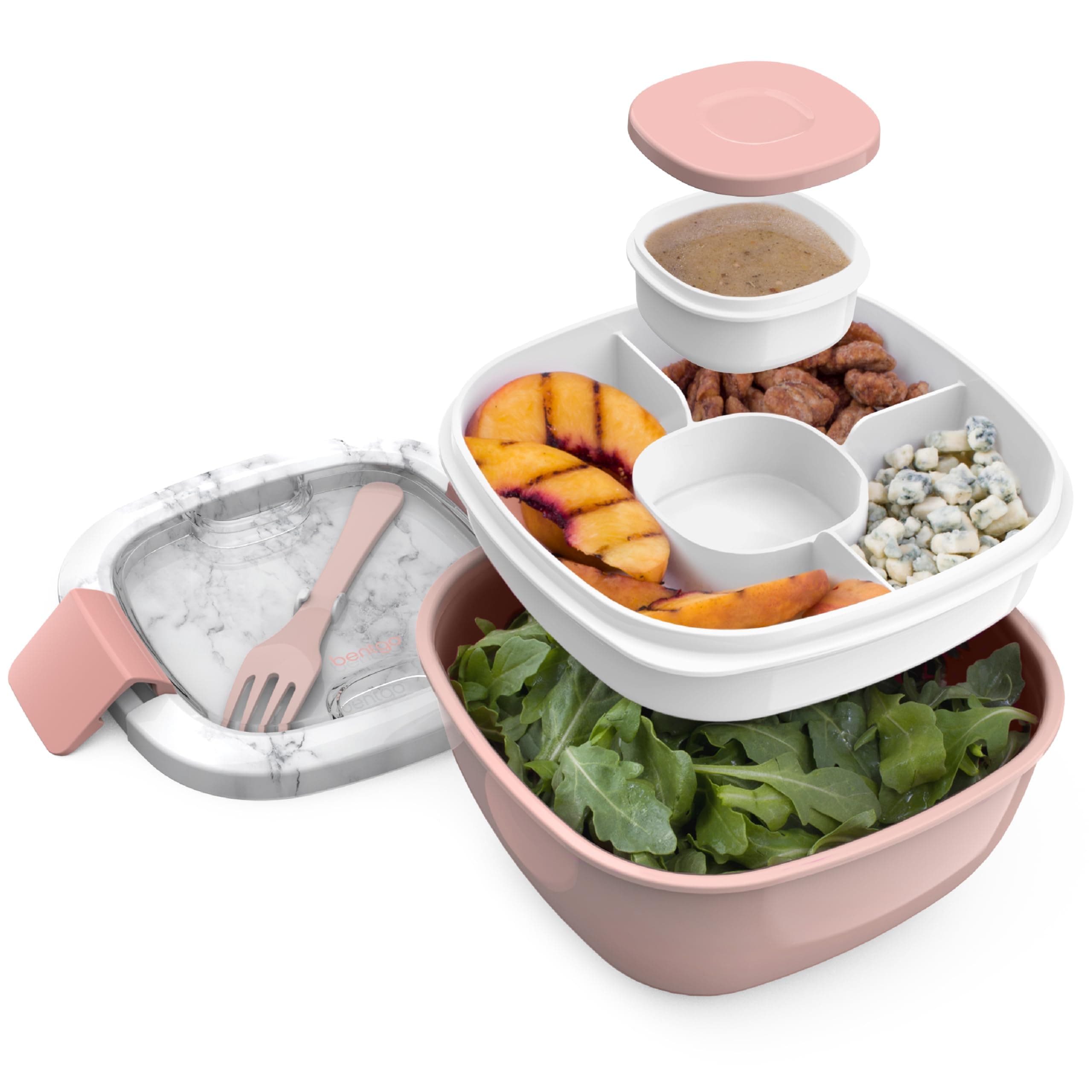Bentgo® Salad - Stackable Lunch Container with Large 54-oz Salad Bowl, 4-Compartment Bento-Style Tray for Toppings, 3-oz Sauce Container for Dressings, Built-In Reusable Fork & BPA-Free (Blush Marble)