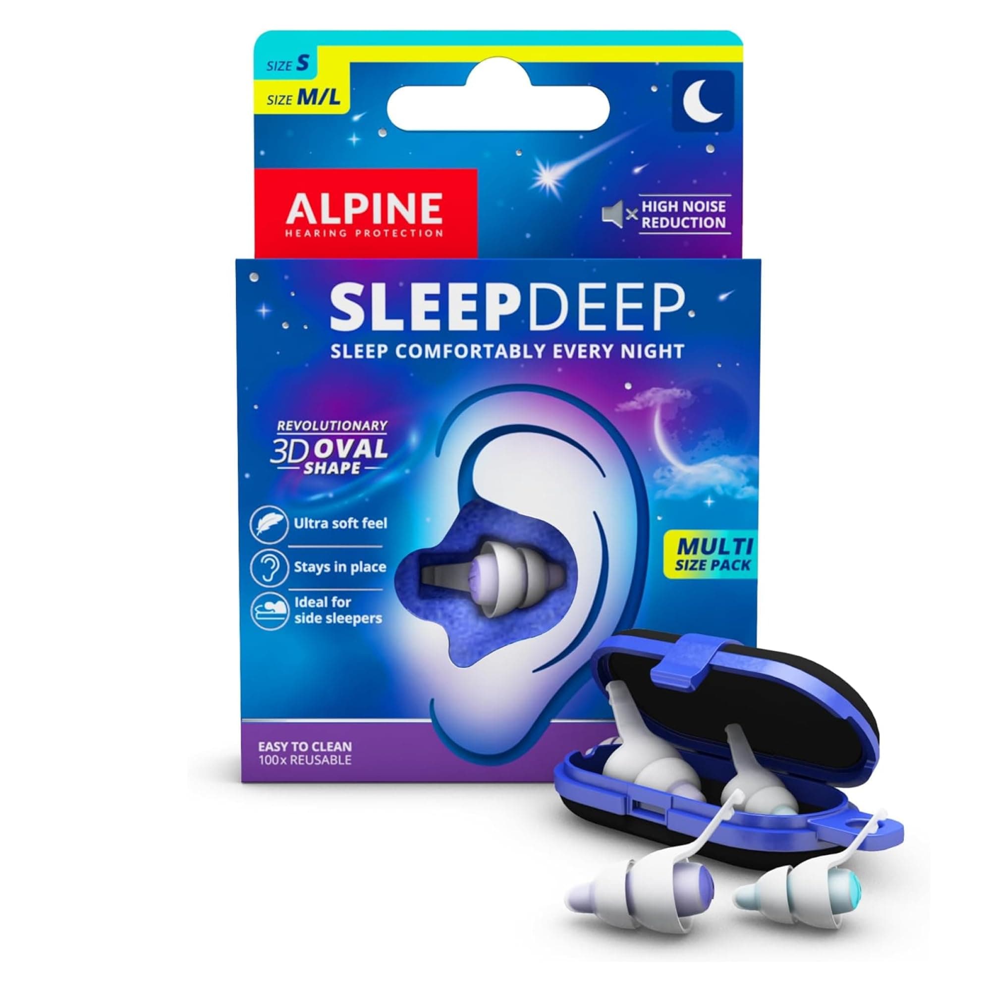 Alpine SleepDeep Multisize - Soft Ear Plugs for Sleeping and Concentration - New 3D Oval Shape and Noise Reducing Gel for Better Attenuation - 27dB - Ideal for Side Sleeper - 2-Pair Reusable: S + M/L