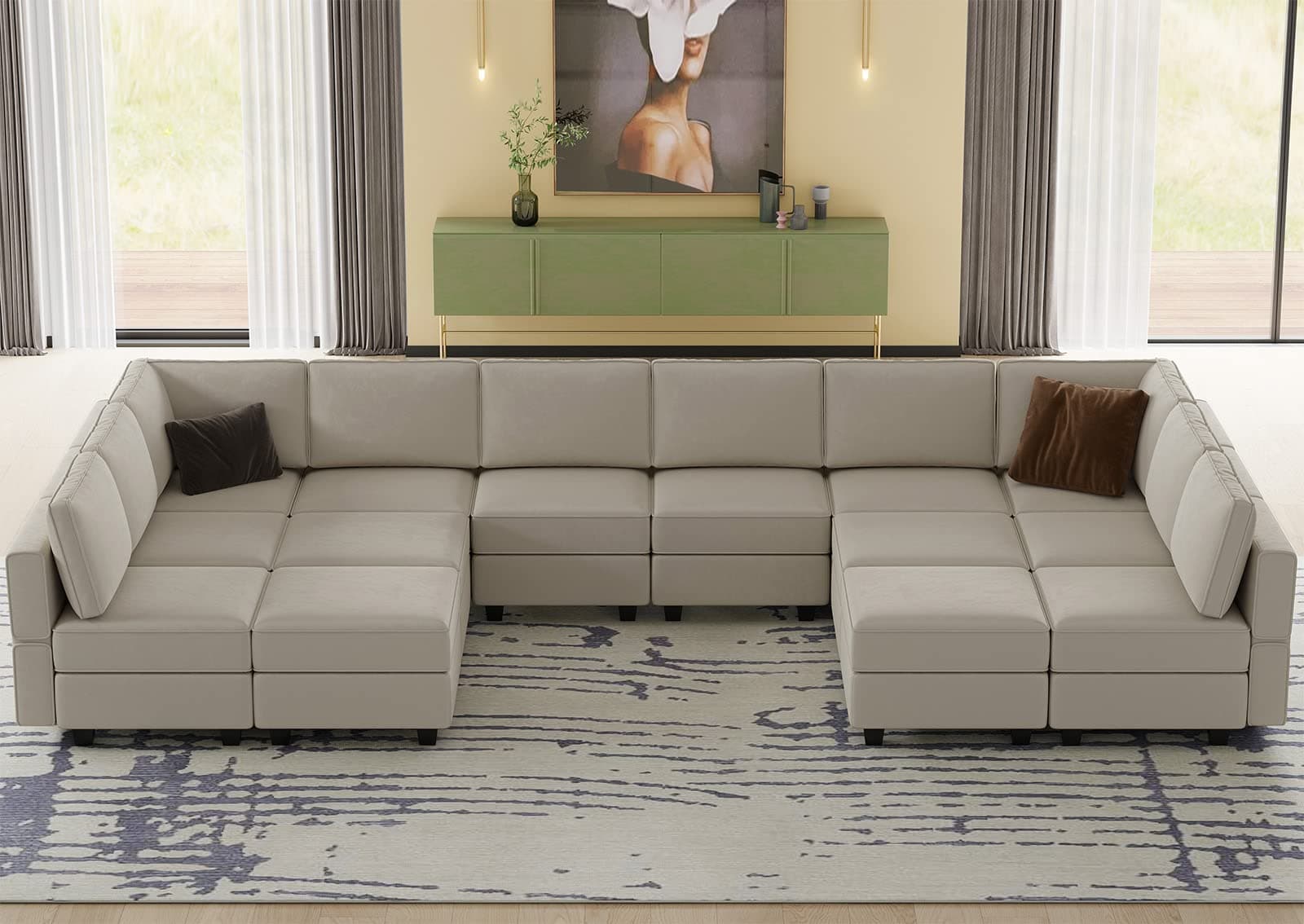 Belffin Oversized Modular sectional Sofa with Double Chaises U Shaped Sectional Sleeper Sofa Couch Reversible Sectional Sofa with Storage Velvet Grey