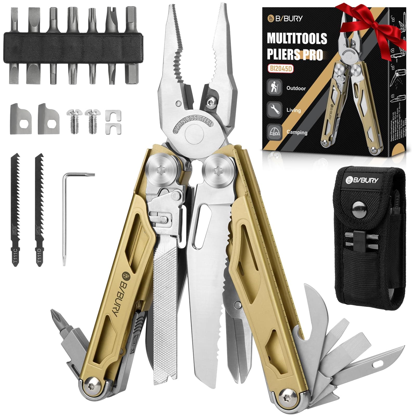 BIBURY Multitool Pliers Pro BI2045, Foldable Multitools with Replaceable Wire Cutters and Saw, Stainless Steel Multi Tool w/Upgraded Scissors and Screwdriver Set, Ideal for Camping, Hiking, Survival