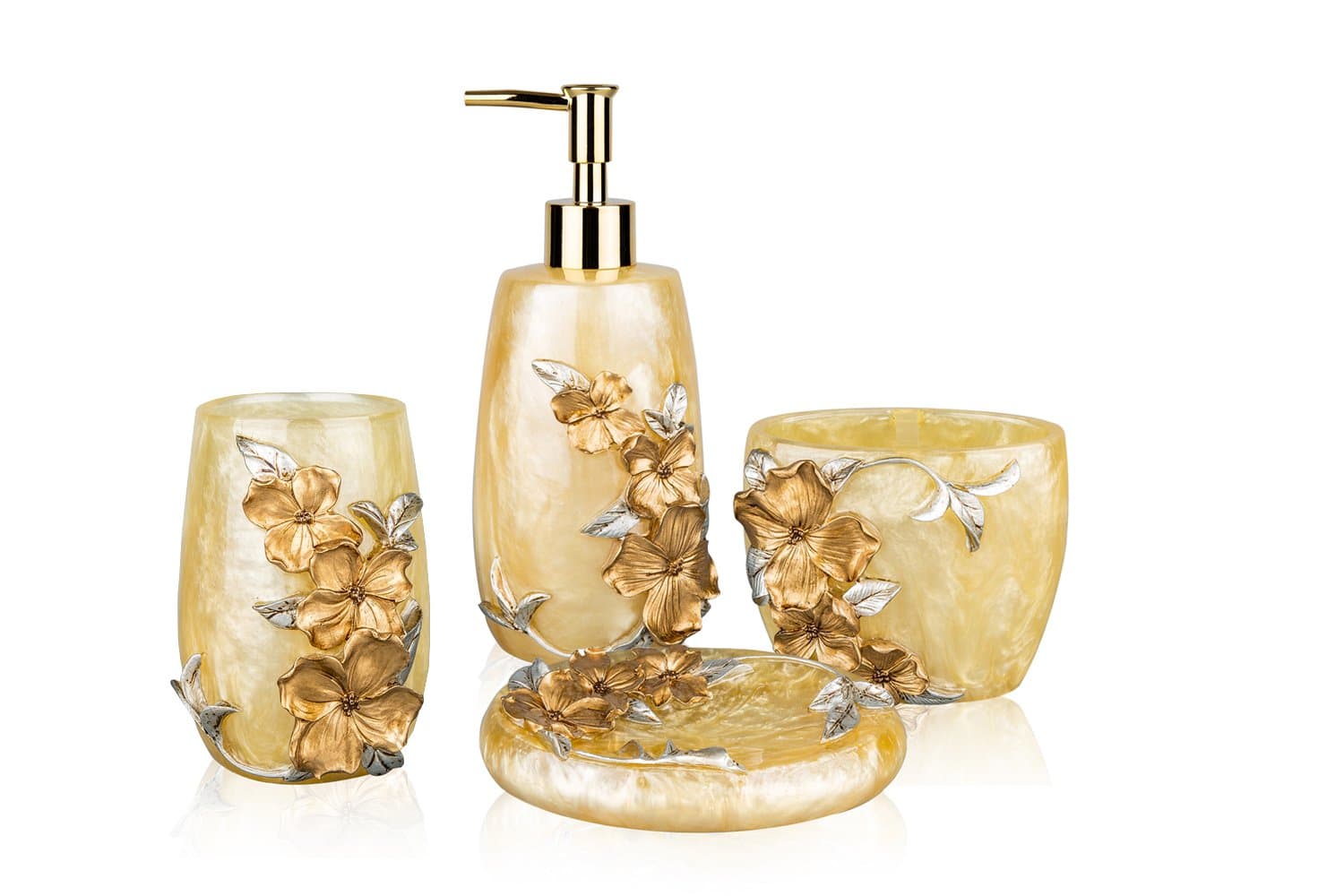 Classical Solid Gold Floral 4 Piece Bathroom Accessory Set with Liquid Soap Dispenser,Toothblush Holder,Tumbler and Soap Dish Gold