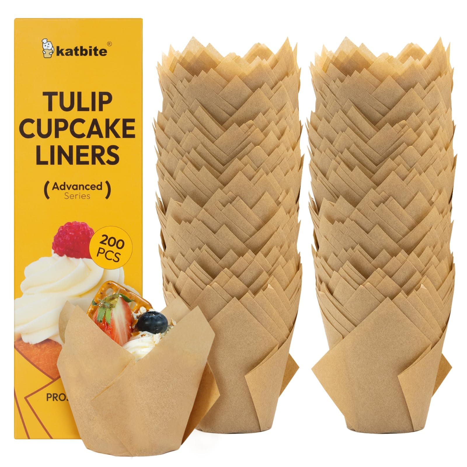Katbite Tulip Cupcake Liners 200PCS, Muffin Baking Cups ProSmooth Brown