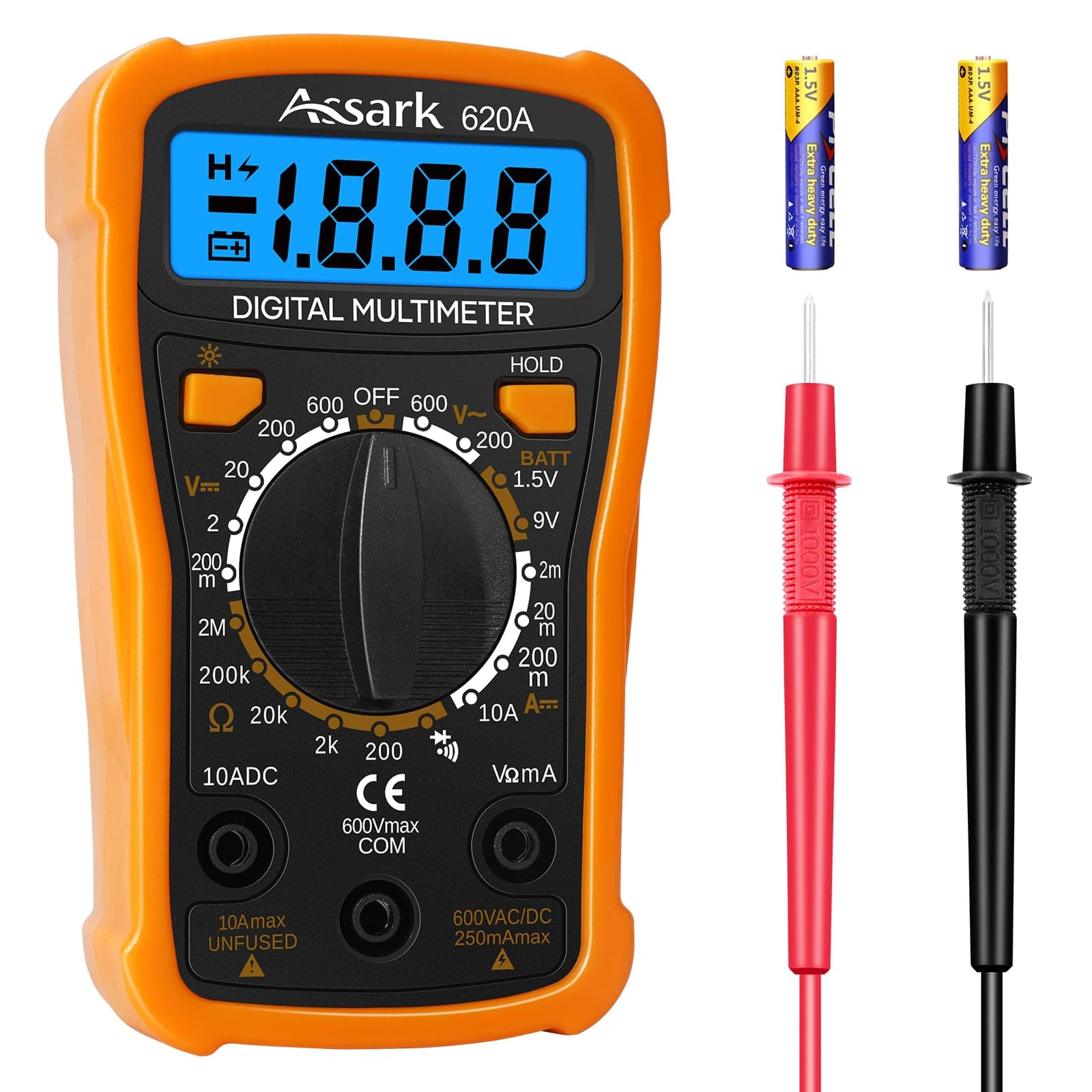 Digital Multimeter Voltage Tester, Assark 2000 Counts Multimeter Measure AC DC Voltage DC Current, Meter Tester Test Volt Ohm Amp Diode Continuity, Resistance, Backlit LCD Display, Data Hold Function