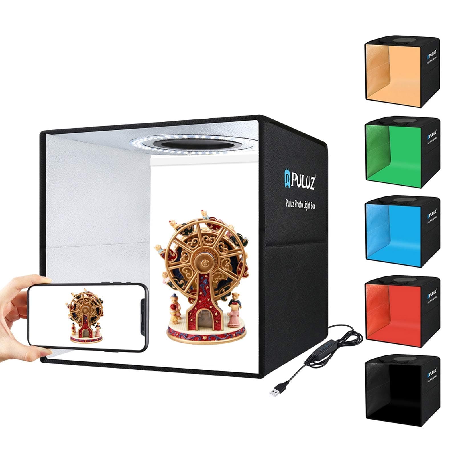 PULUZPhoto Studio Box, Mini Folding Lightbox LED Ring Light Portable Photo Studio Photography Shooting Tent Box Kit 6 Colors Backdrops USB Light Box for Phones DSLR Camera 12 x 12 inch