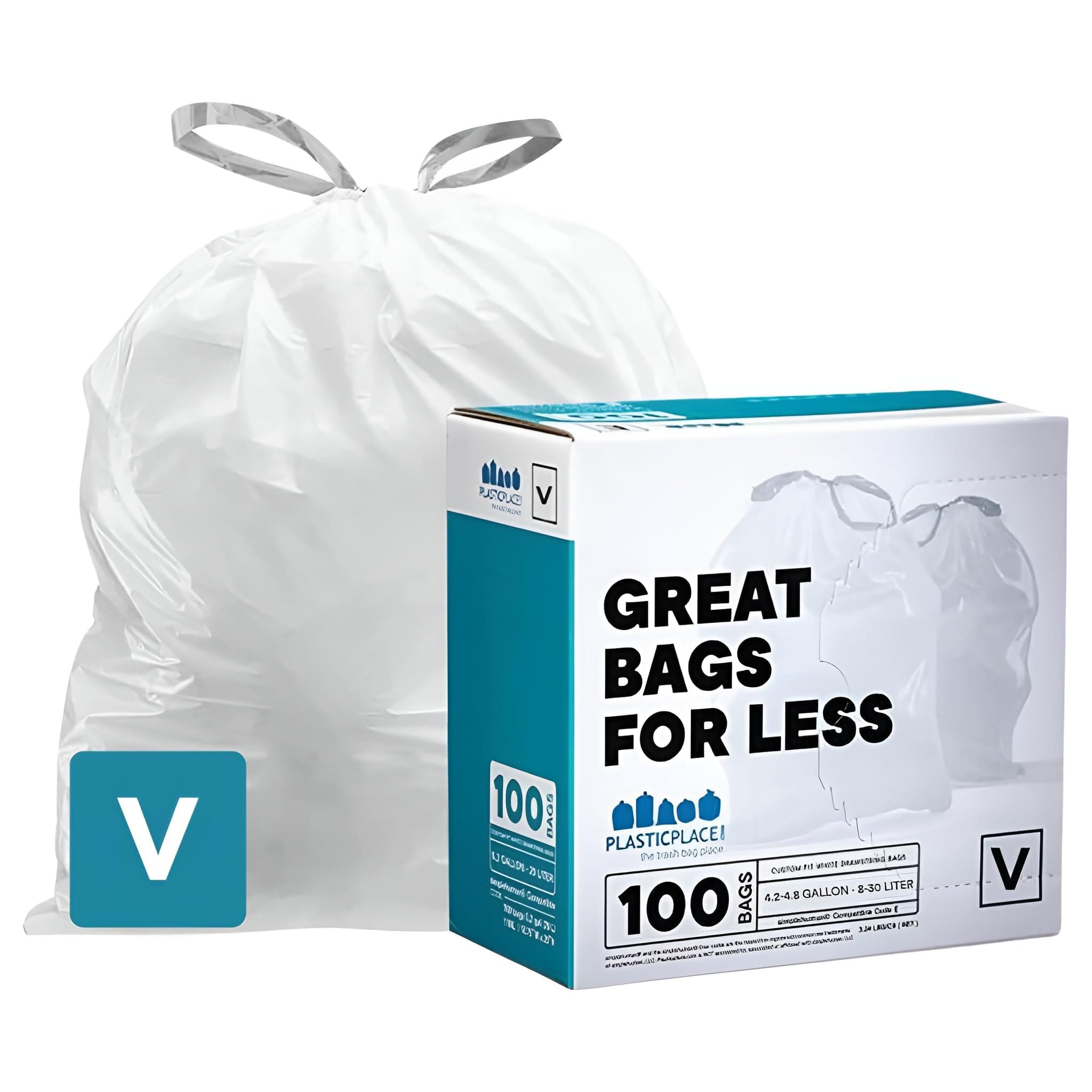 Plasticplace Custom Fit Trash Bags, Compatible with simplehuman Code V (100 Count) White Drawstring Garbage Liners 4.2-4.8 Gallon/ 16-18 Liter, 14.5" x 27.5"