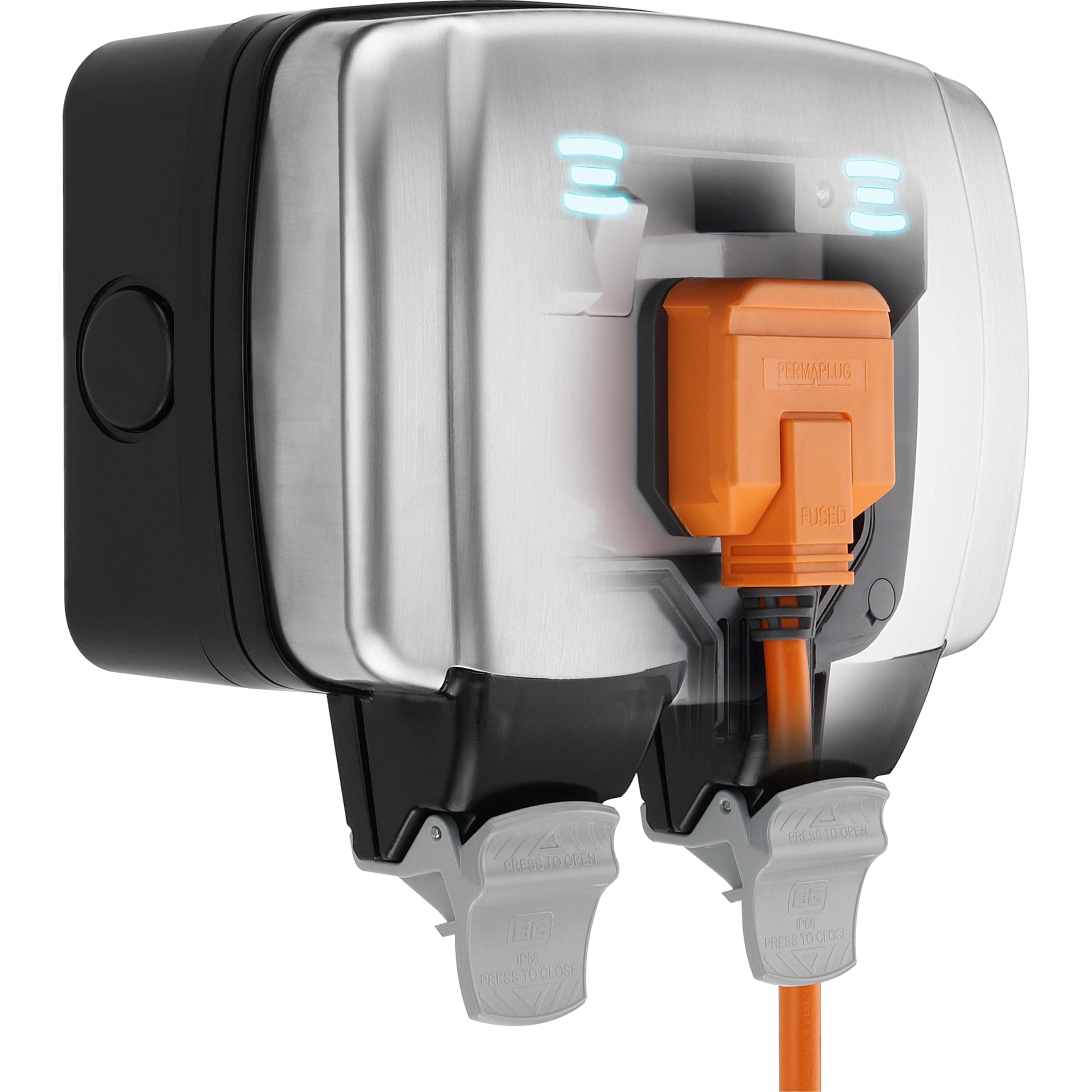 British General BG Electrical Outdoor Double Switched Power Wall Plug Socket, Decorative Weatherproof, Stainless Steel Black, 13A, IP66 Rated, WPL22