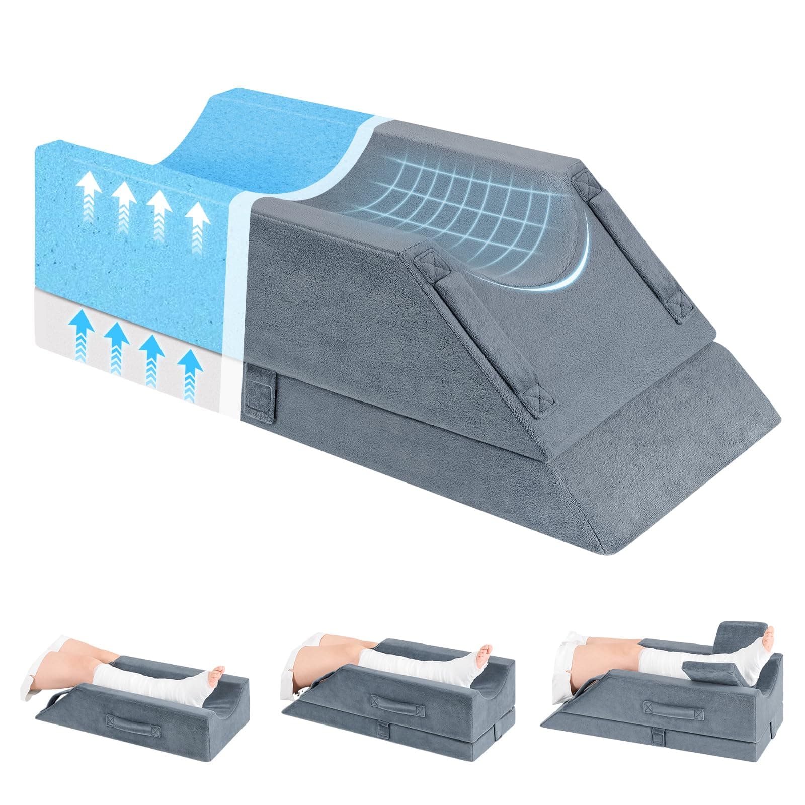 Wellsin 4-Height Adjustable Leg Elevation Pillows for After Surgery, Knee and Ankle Injuries, Memory Foam Leg Wedge Pillow with 3 Handles, 1 Insert Pad and Washable Velvet Cover