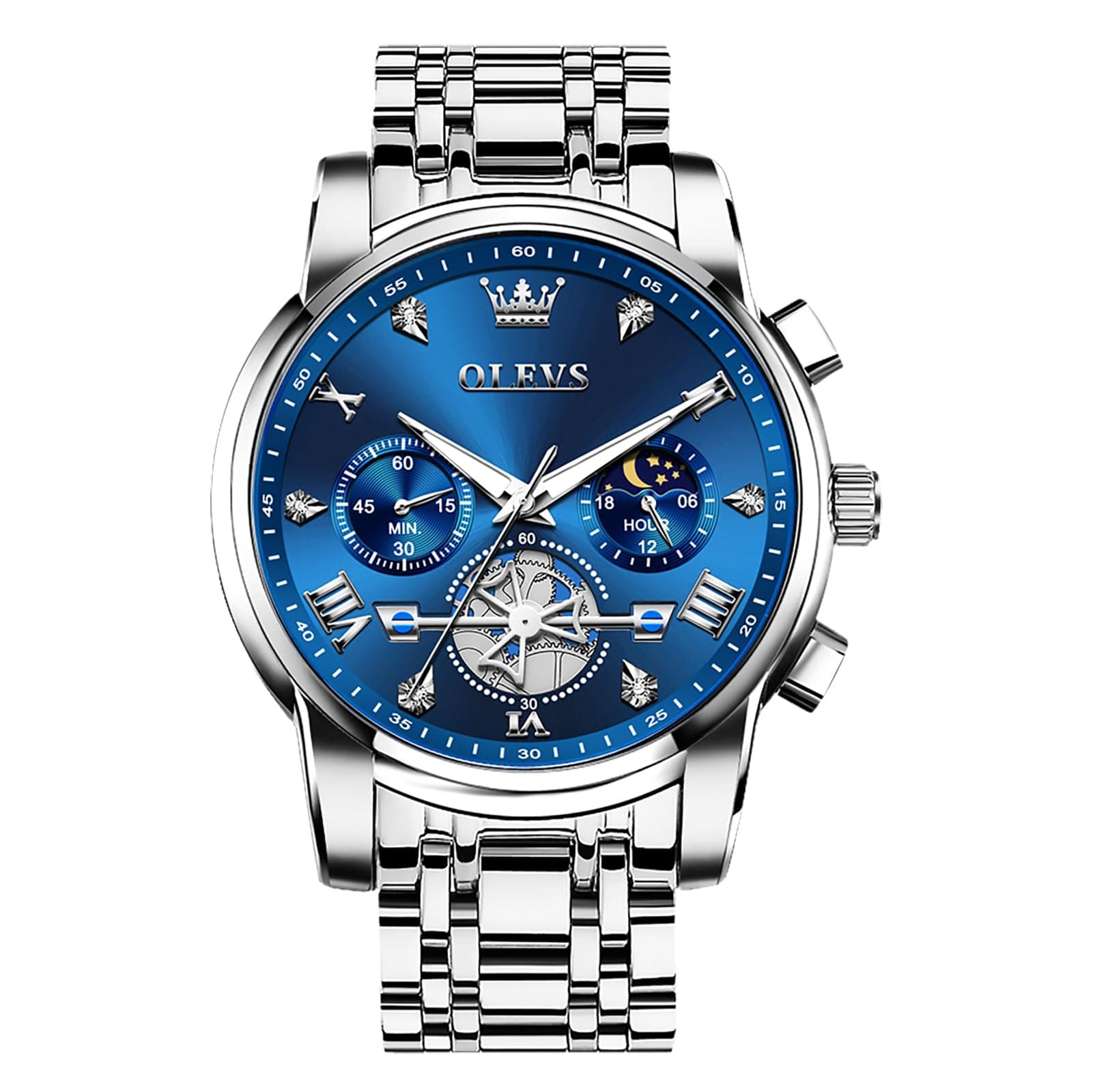 Men's Stainless Steel Chronograph Watch, Large Face Easy to Read Roman Numerals Diamond Accented Analog Dress Watches for Men, Elegant Waterproof Luminous Male Quartz Wristwatch