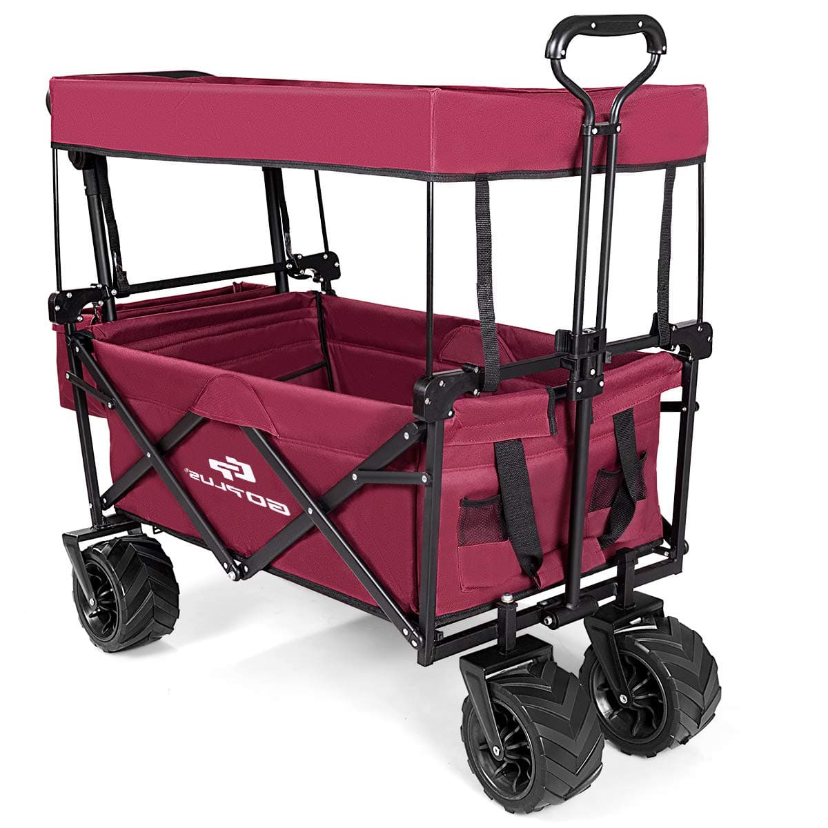Maxmass Foldable Trolley Cart with Adjustable Handle and Removable Canopy, Garden Wagon Truck (Red)
