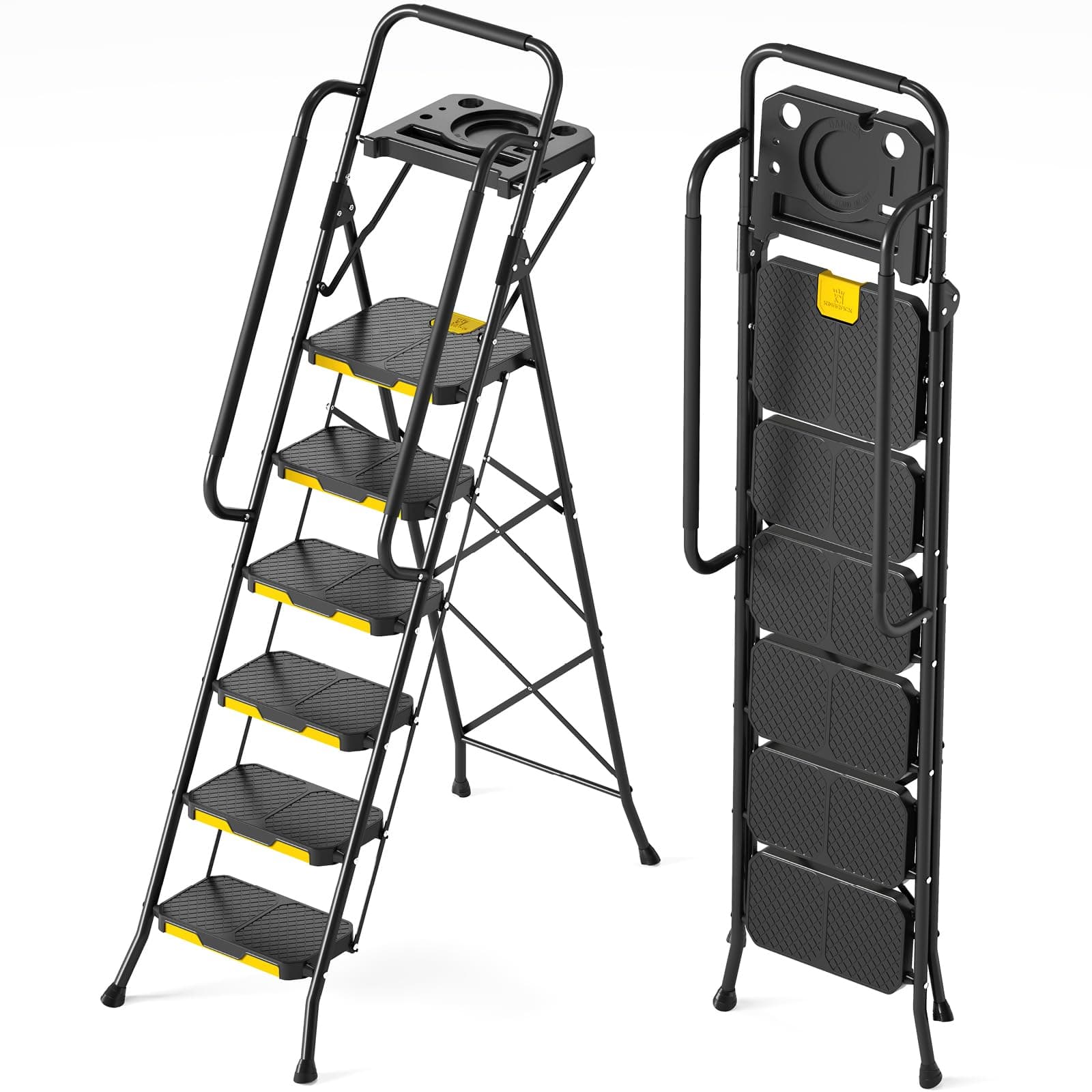 KINGRACK 6 Step Ladder with Tool Platform, Folding Step Stool with Handrails, Sturdy Steel Ladder with Wide Pedal, 800 LBS Portable Safety Ladder for Painting Home Outdoor Garage