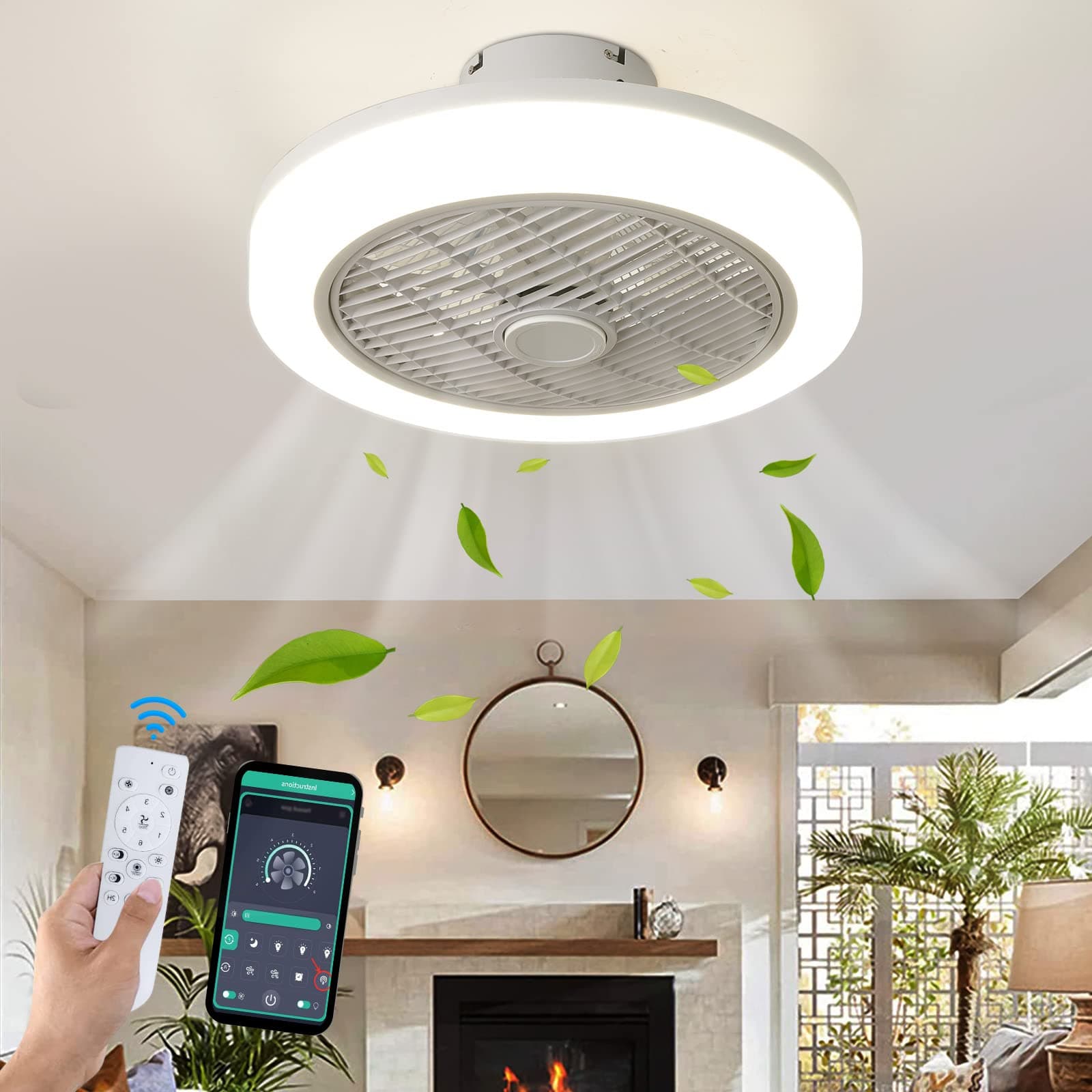 45CM LED Modern Flush Mount Ceiling Fan with Light and Remote - 6 Speed Dimmable Low Profile Bladeless with Timing, Reversible for Kitchen Bedroom (White)