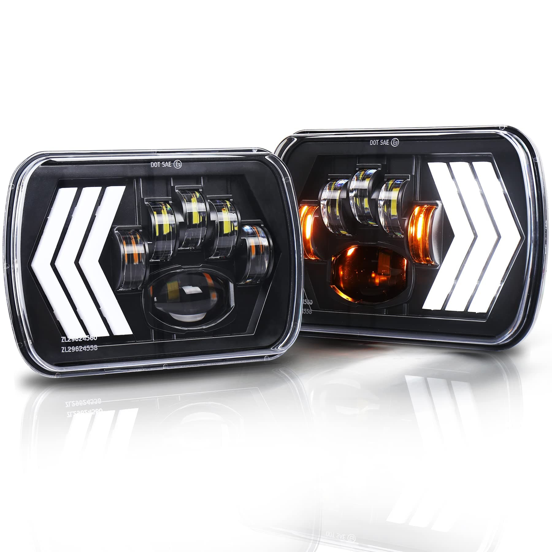 OVOTOR 7x6 LED Headlights 55W Square 5x7 inch Headlights with White&Amber Arrow DRL Dynamic Sequential Turn Signal for Wrangler YJ XJ Toyota GMC Trucks H6054 H5054 H6054LL