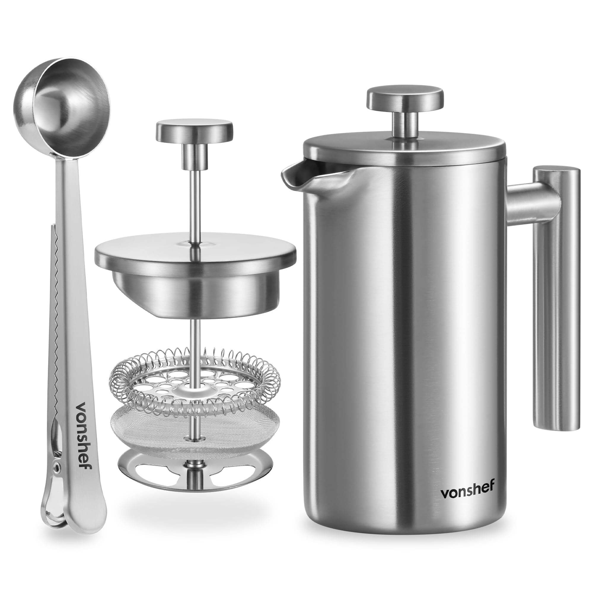 3 Cup Cafetiere, Stainless Steel 350ml Double Walled French Press with Measuring Spoon/Bag Seal, Dishwasher Safe Filter Coffee Maker with Plunger
