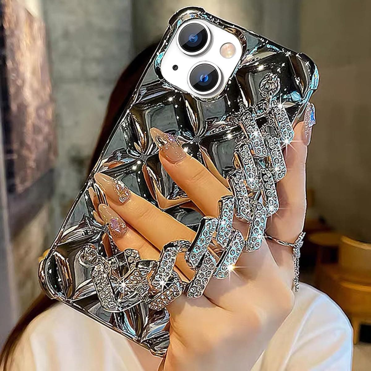 for iPhone 15 Glitter Diamond Case with Wrist Strap Loop,Cute Luxury Bling Rhinestone Sparkle Shiny Soft Silicone Bumper Shockproof Women Girls Protective Case for iPhone 15 6.1 inch (Silver)