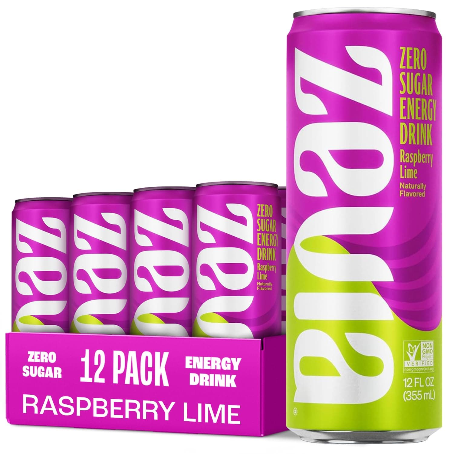 Zero Sugar Energy Drink, Raspberry Lime, 12 oz Cans (12-Pack) – Naturally Sweetened, Zero Calorie Sugar Free Energy - Non-GMO Project Verified, Gluten-Free, Vegan