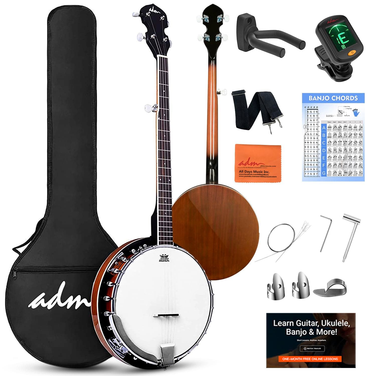 ADM 5-String Banjo 24 Bracket with Closed Solid Wood Back and Geared 5th Tuner, Banjoe Beginner Kit with Gift Package 1