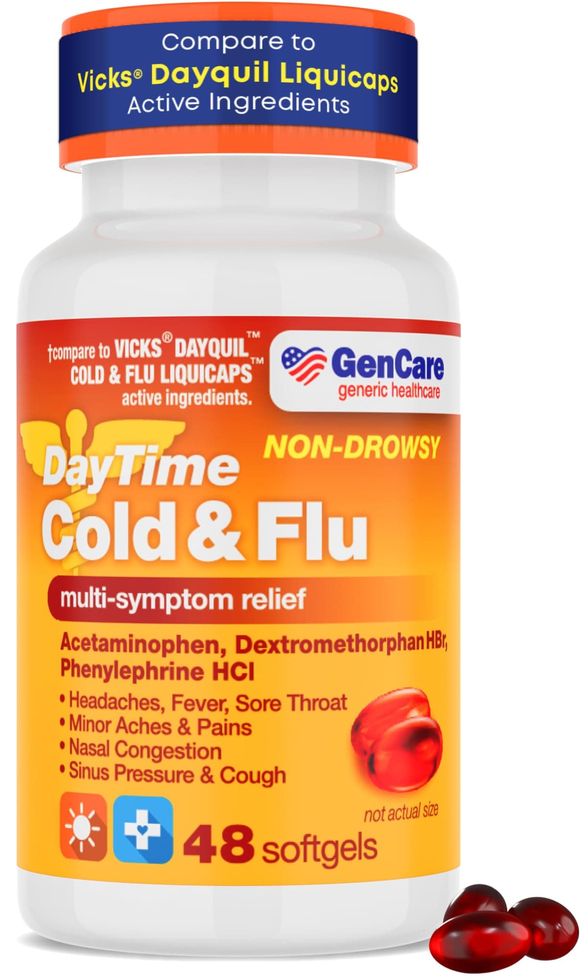 GenCare - Multi Symptom Non Drowsy Daytime Cold & Flu Relief Acetaminophen 325mg, Dextromethorphan HBr 10mg, Phenylephrine HCl 5mg (48 Softgels) Non Habit Forming Pain Reliever & Nasal Decongestant