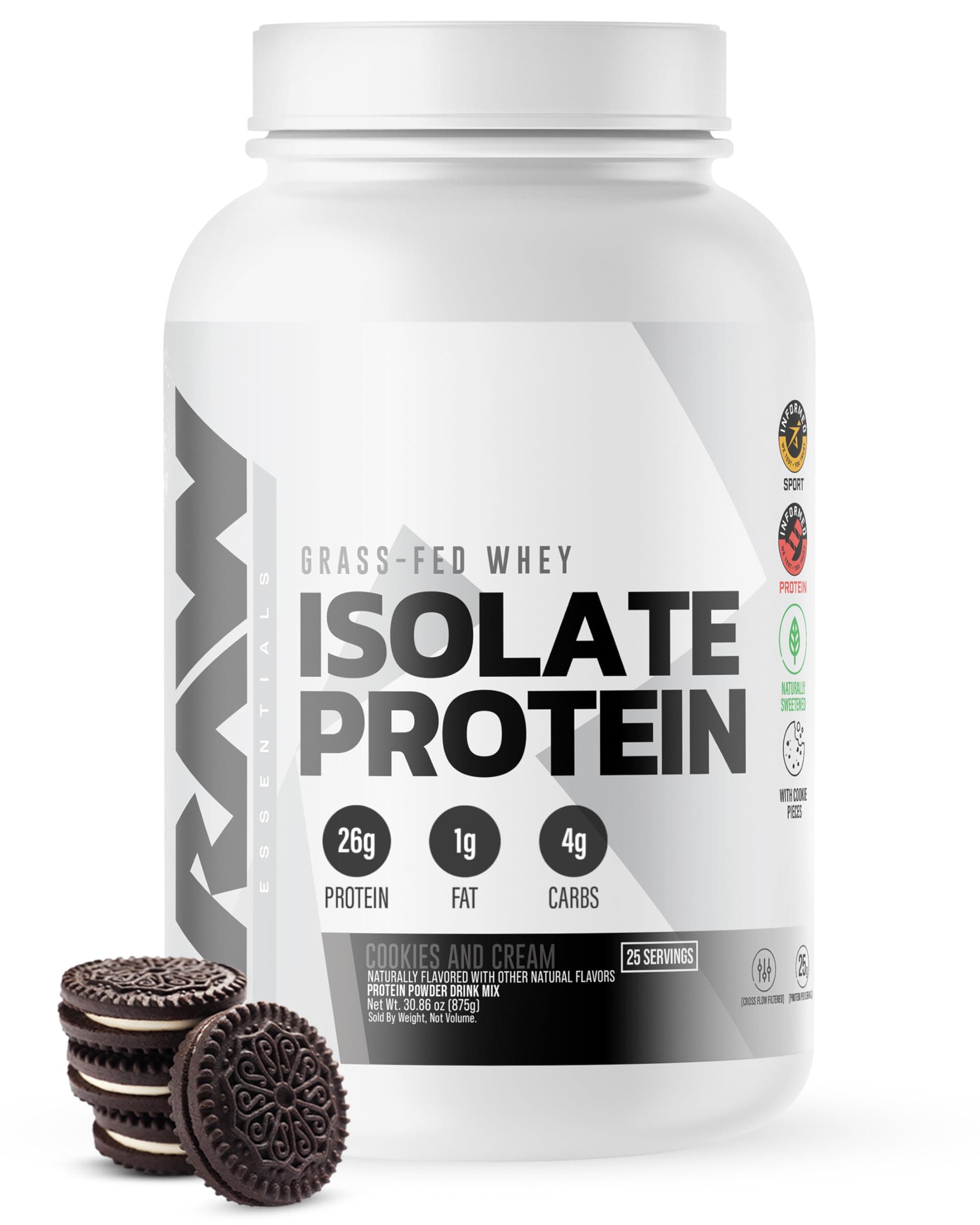 RAW Whey Protein Isolate Powder | 100% Grass-Fed Protein Isolate | Highest Rated Protein Powder, Hormone-Free, Zero Additives, Low-Fat Sports Nutrition Protein | Cookies & Cream (25 Servings)