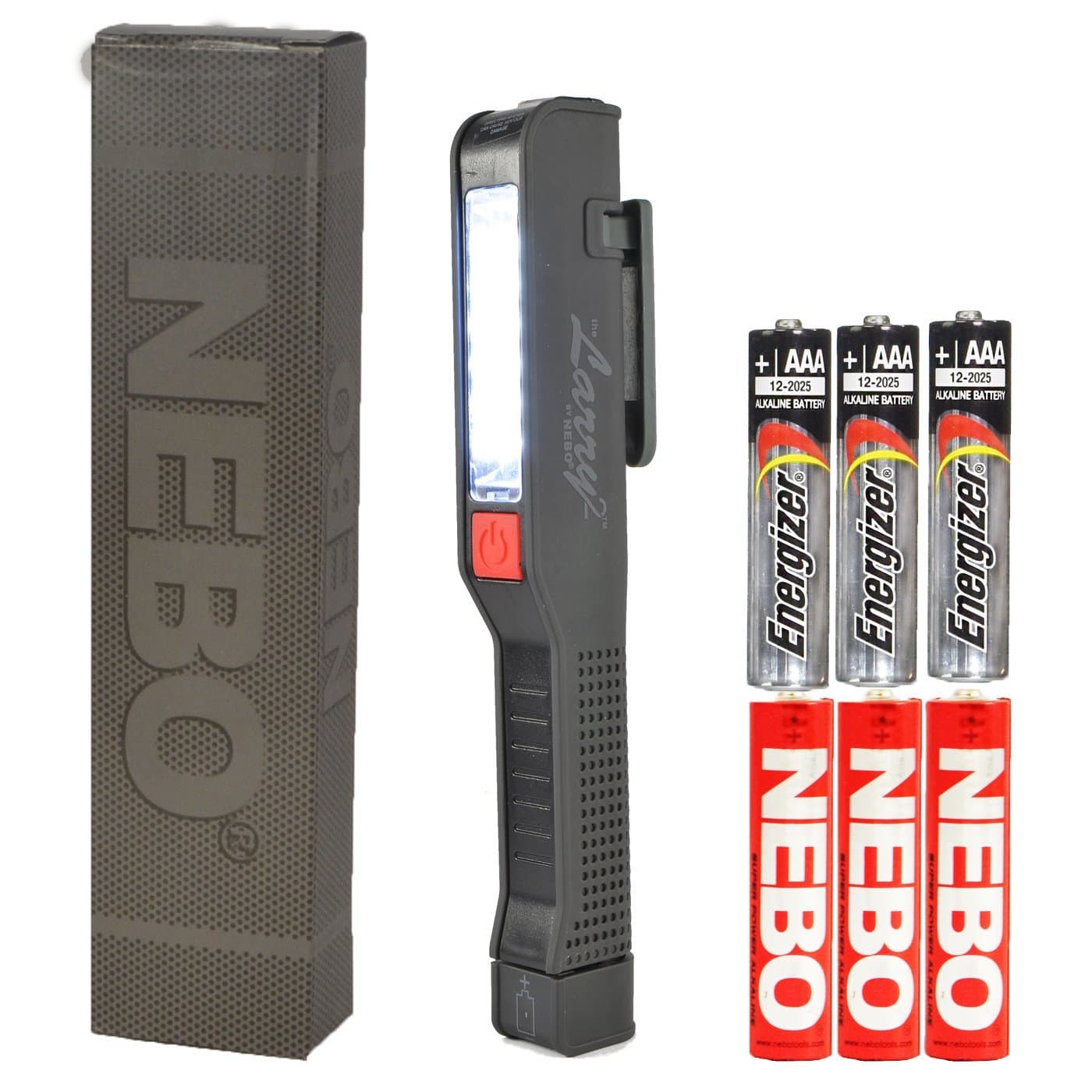 BUNDLE: NEBO Larry 2 Pocket Work Light LED Flashlight 6053 BLACK w/ 3 EXTRA AAA Energizer Max Alkaline batteries