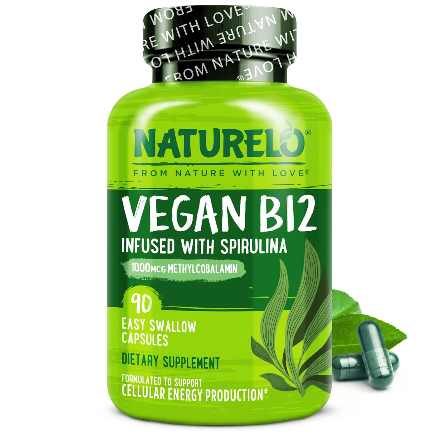 Vegan B12 - Methyl B12 with Organic Spirulina - High Potency Vitamin B12 1000 mcg Methylcobalamin - Supports Healthy Mood, Energy, Heart & Eye Health - 90 Capsules