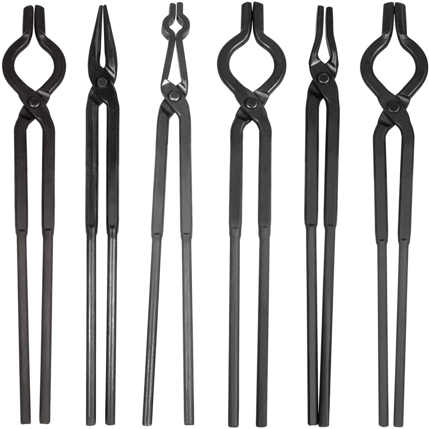 Beginner Blacksmith Tongs Set Blacksmithing Forge Tools Starter Kit Includes 3/8 1/2 5/8 V-Bit Tongs, 1/4 Flat Jaw Tongs, Pick Up Tongs, Scroll Tongs (6 Pcs) for Knife Making