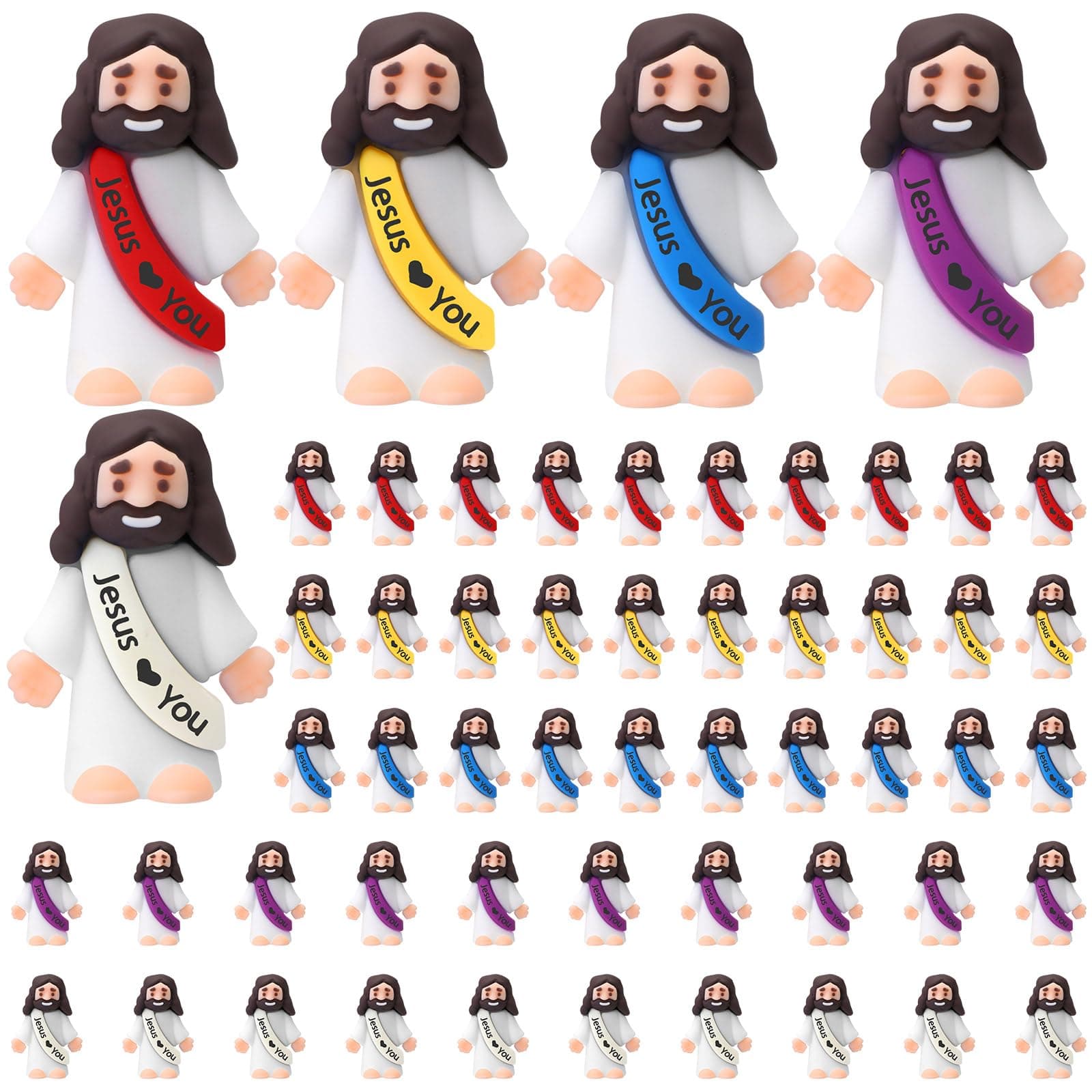 Bememo 50 Pcs Mini Jesus Figures Easter Jesus Loves You Christ Toys Little Christ Figures to Hide and Seek Sunday School Religious Party Favors Gift for Easter Egg Stuffers(Fresh Color)