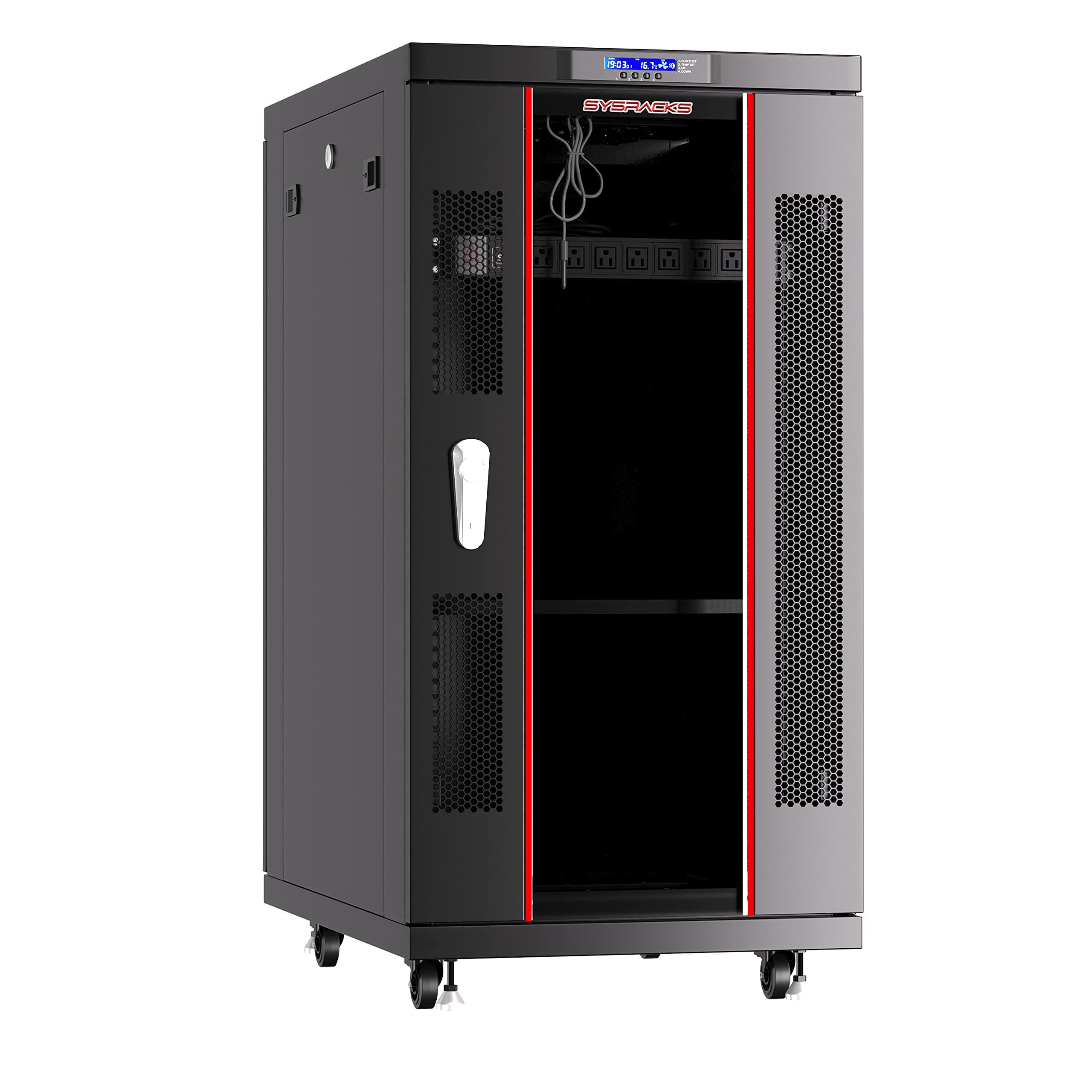 Sysracks 18U 32-Inch Deep Server Rack Cabinet It Enclosure Server Cabinet with Accessories - LCD Screen - Thermostat - PDU - Casters - 4 Fans - Shelf