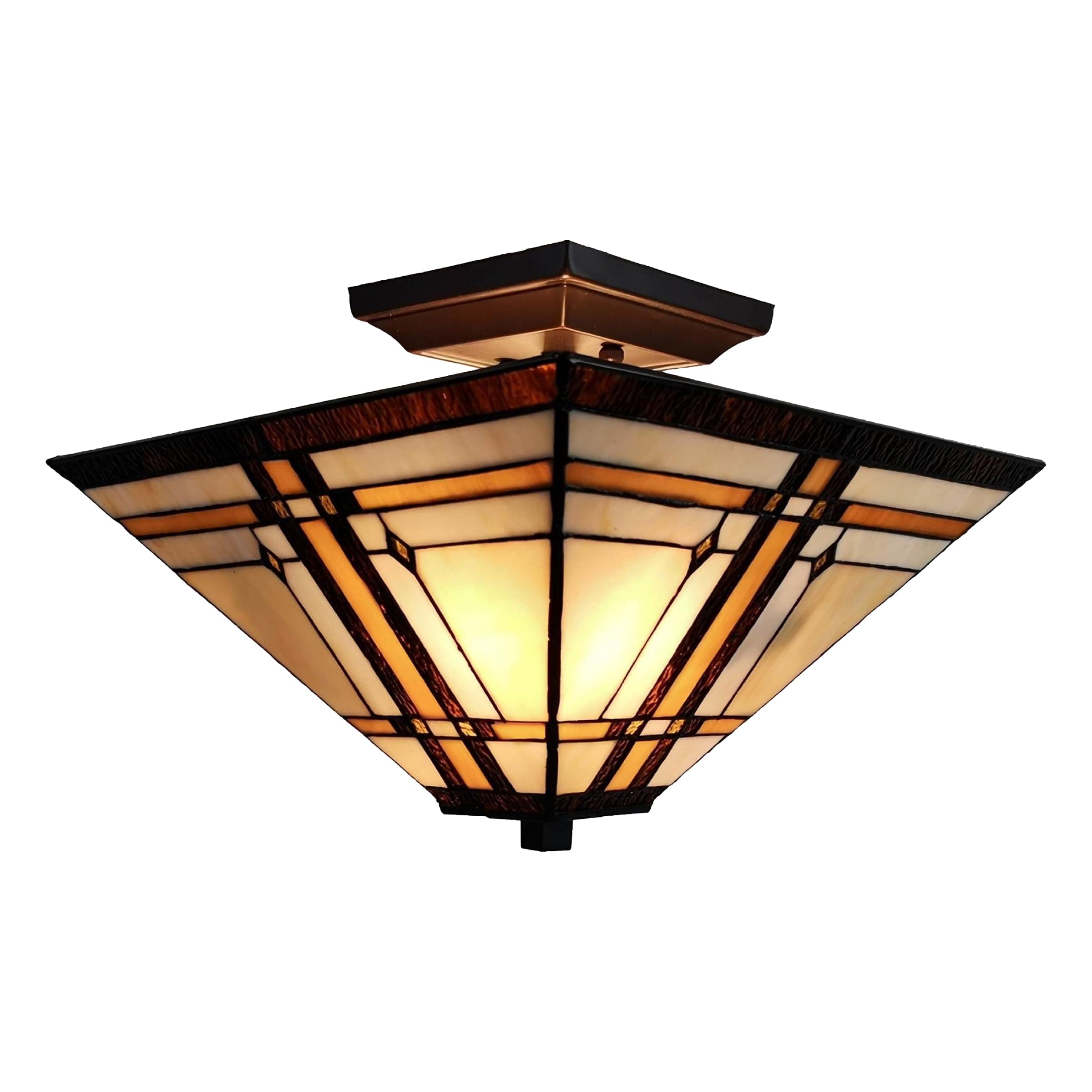 Tiffany Style Ceiling Fixture Lamp Mission 14" Semi Flush Mount Wide Stained Glass Tan Brown Antique Vintage Light Decor Living Room Bedroom Kitchen Hallway Gift AM085CL14B Amora Lighting