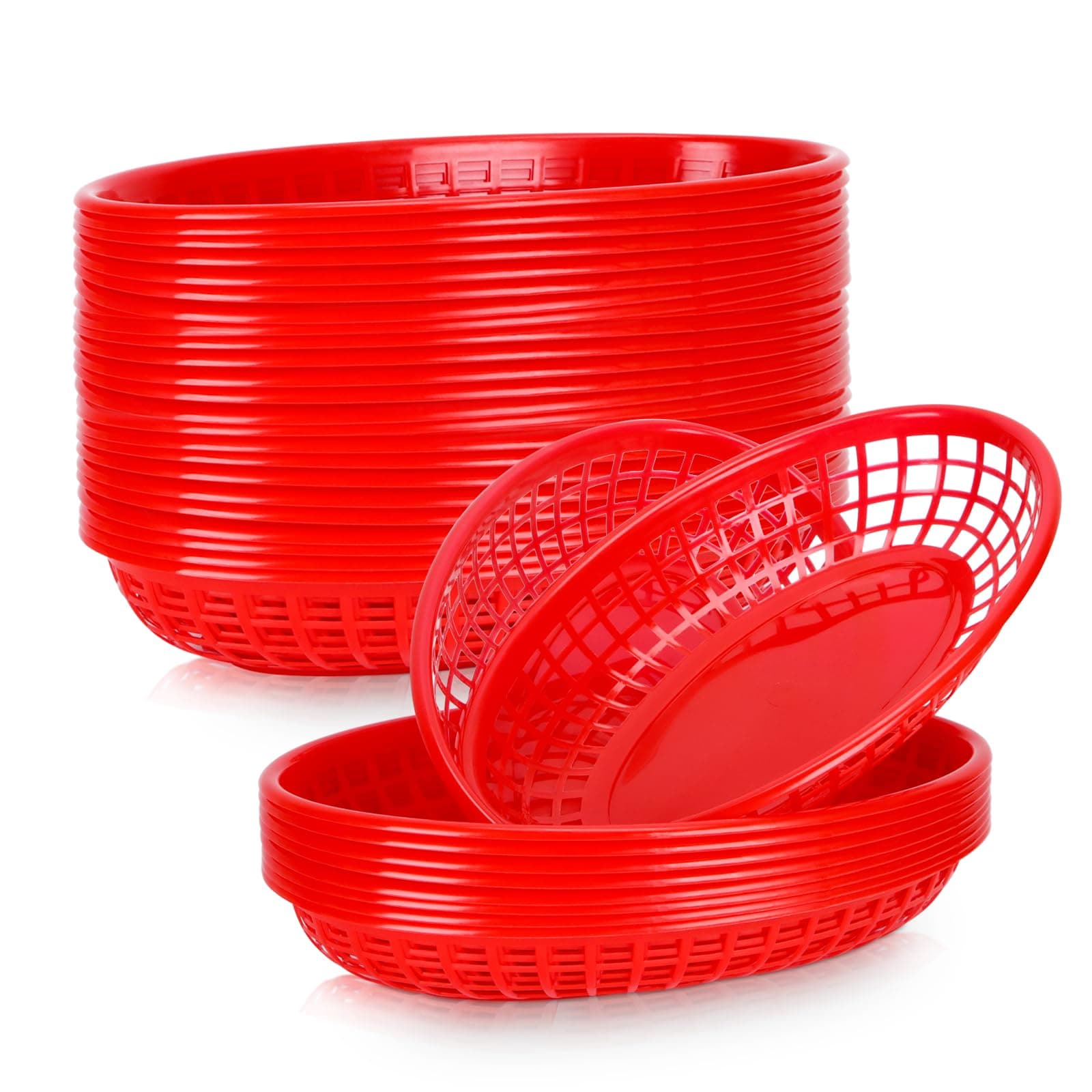 50 Pack Plastic Fast Food Baskets - Bread Fry Baskets Serving Tray for Hot Dogs, Chicken, Burgers, Sandwiches, Fries (Red)