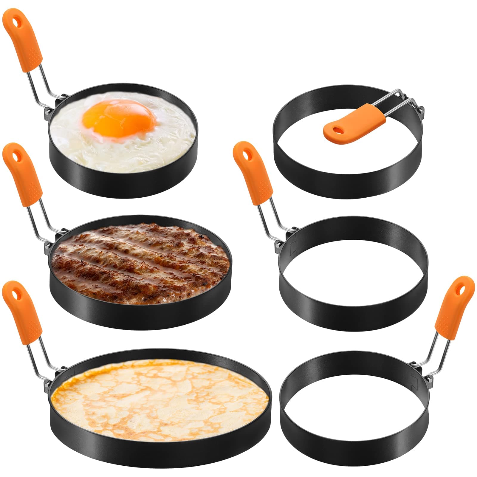 6 Pcs Egg Ring Pancake Ring Set Stainless Steel Fried Egg Molds Griddle Pancake Shapers with Silicone Handle for Breakfast Omelette Sandwich (Round Style,4, 6, 8 Inch)