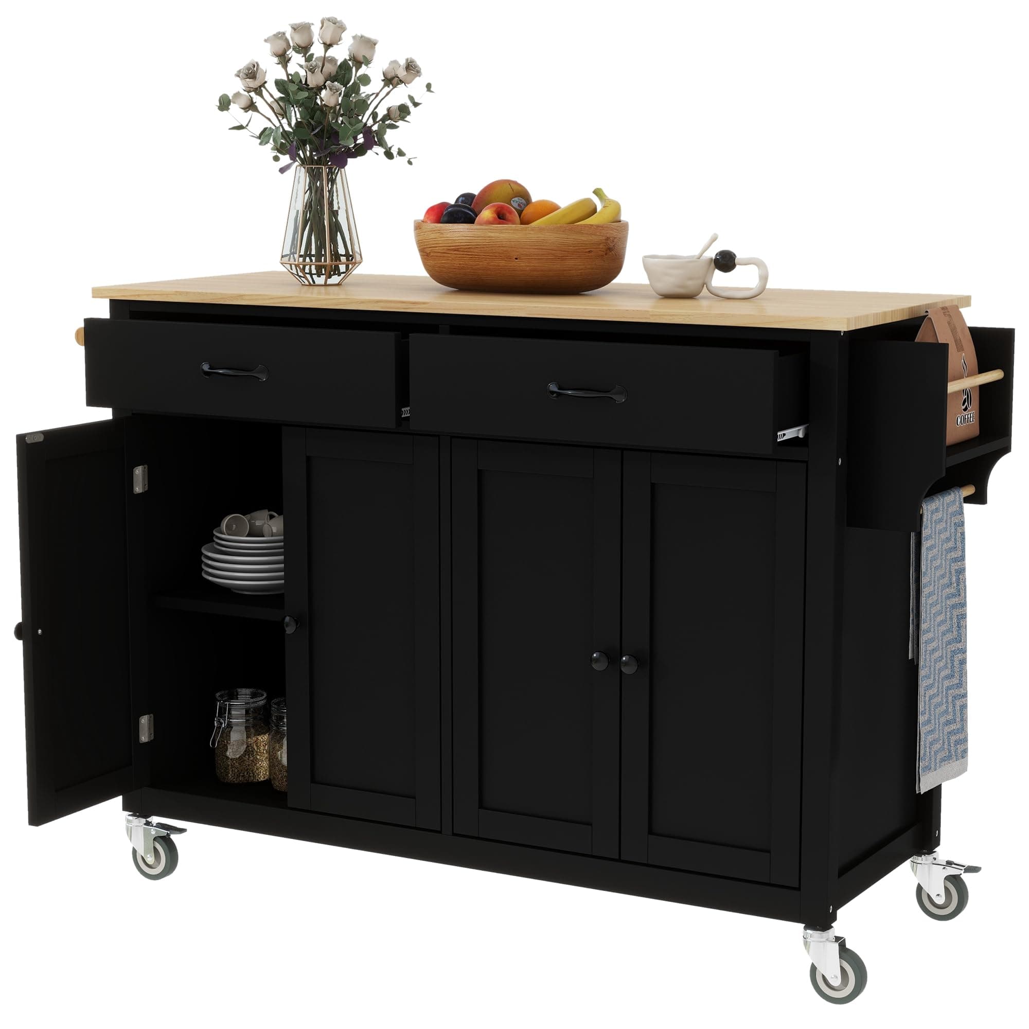 LUMISOL Rolling Kitchen Island with 2 Cabinets and 2 Drawers, Large Kitchen Table with Solid Wood Top, Portable Islands on Wheels for Dining Room Living Room, Black