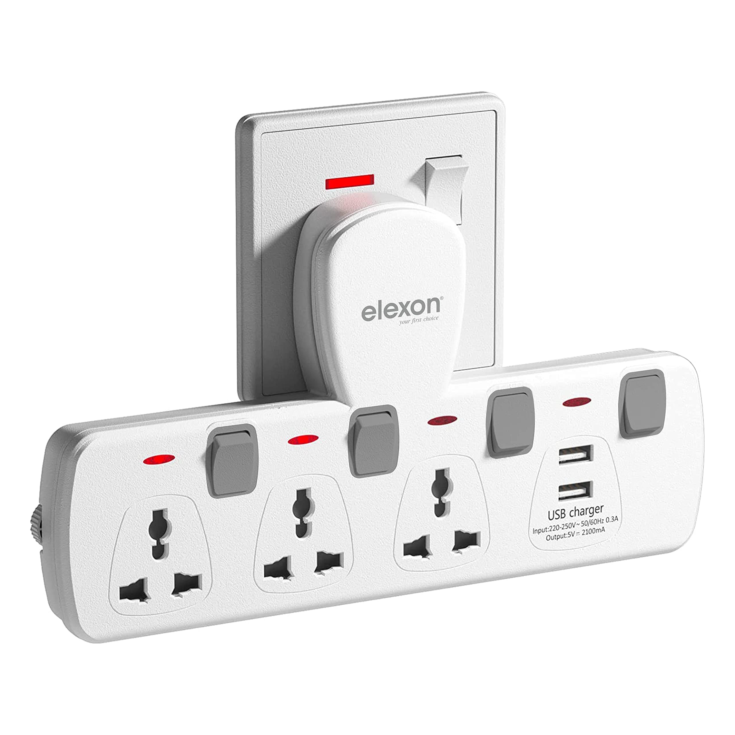 Elexon EL 7304U,T Socket Universal Extension Power Adapter with 2 USB, Wall Socket 3 Way Electrical Outlet Adaptor, 3 Pin Electric Sockets for Home, Office (White)
