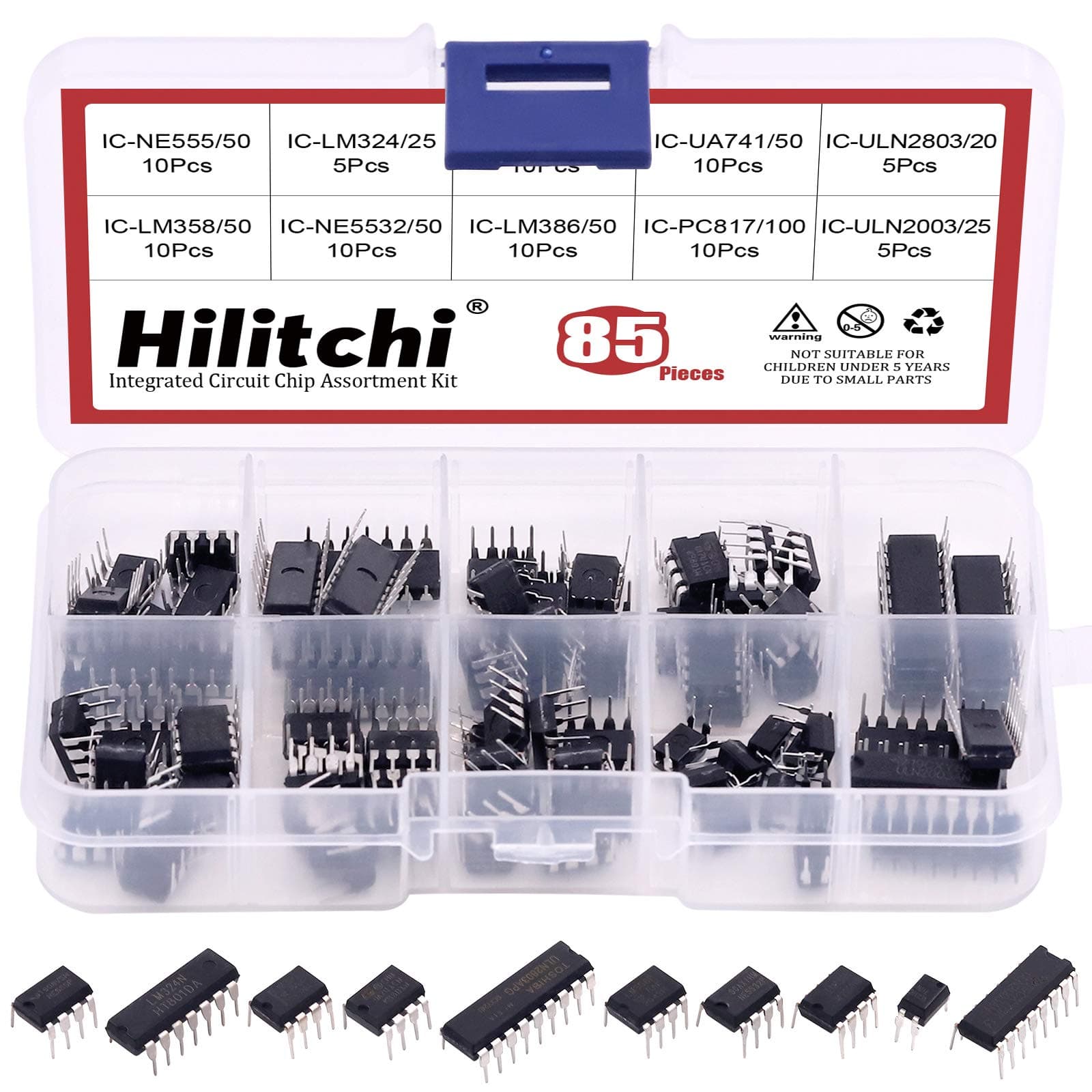 Hilitchi10Values Integrated Circuit Chip Assortment Kit opamp, Single Precision Timer, pwm LM324 LM358 LM386 LM393 UA741 NE5532 NE555 PC817 ULN2003 ULN2803 (85)