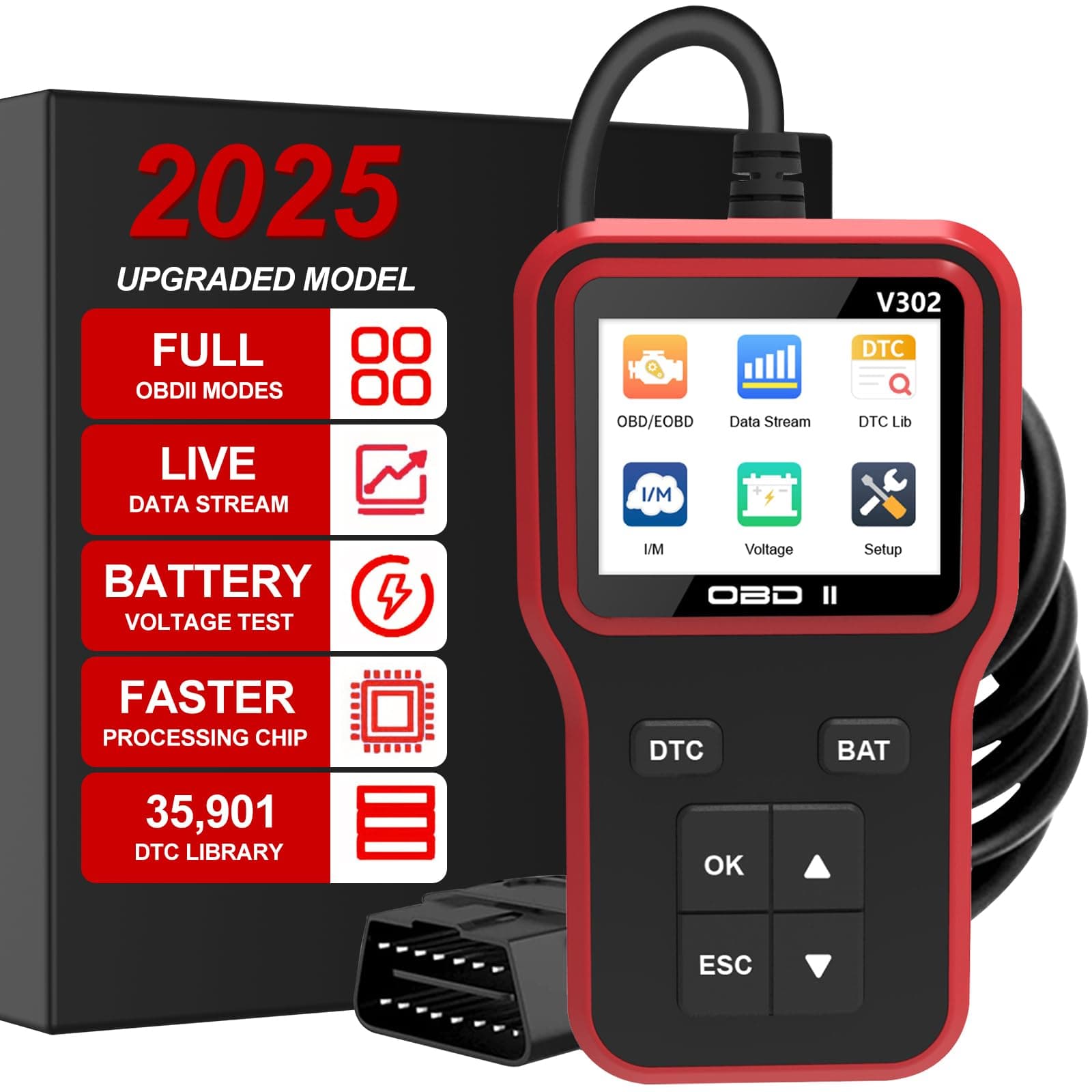 OBD2 Scanner Diagnostic Tool - Code Reader for Cars, Check Engine Light, Read/Clear Error Codes, Emissions Readiness, Battery Tester, All OBD II Vehicles Since 1996